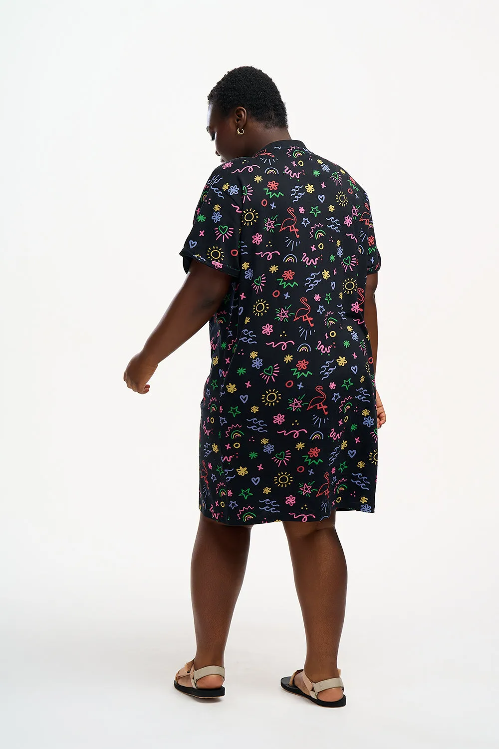 Brandie T-Shirt Dress - Black, Flamingo Doodle