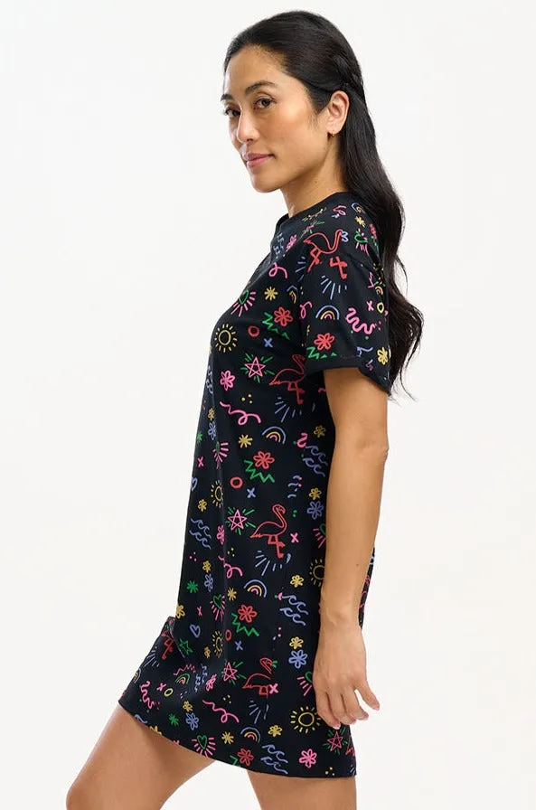 Brandie T-Shirt Dress - Black, Flamingo Doodle