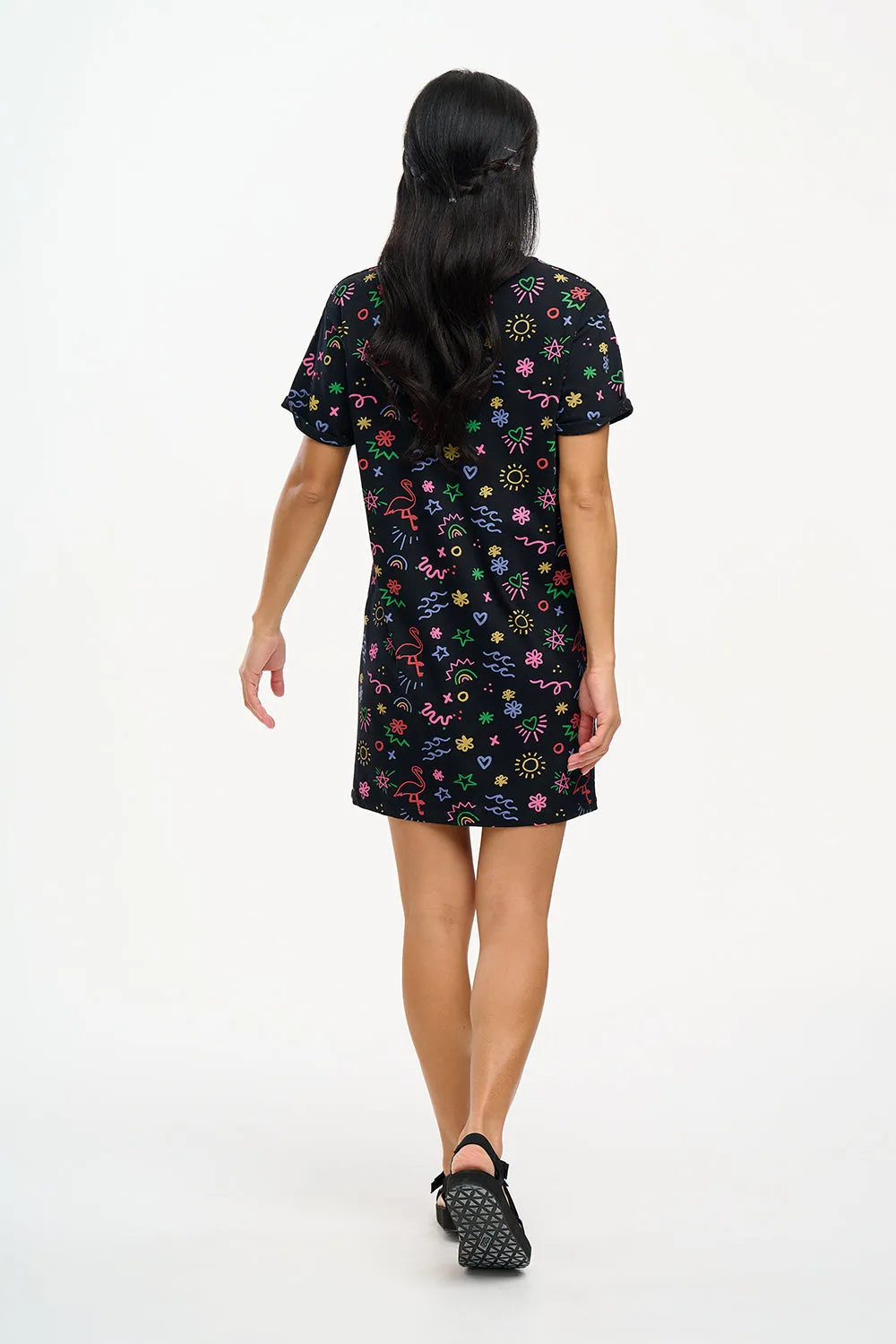 Brandie T-Shirt Dress - Black, Flamingo Doodle