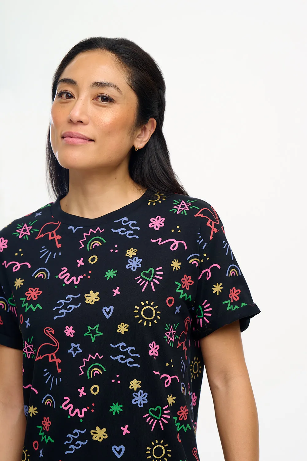 Brandie T-Shirt Dress - Black, Flamingo Doodle