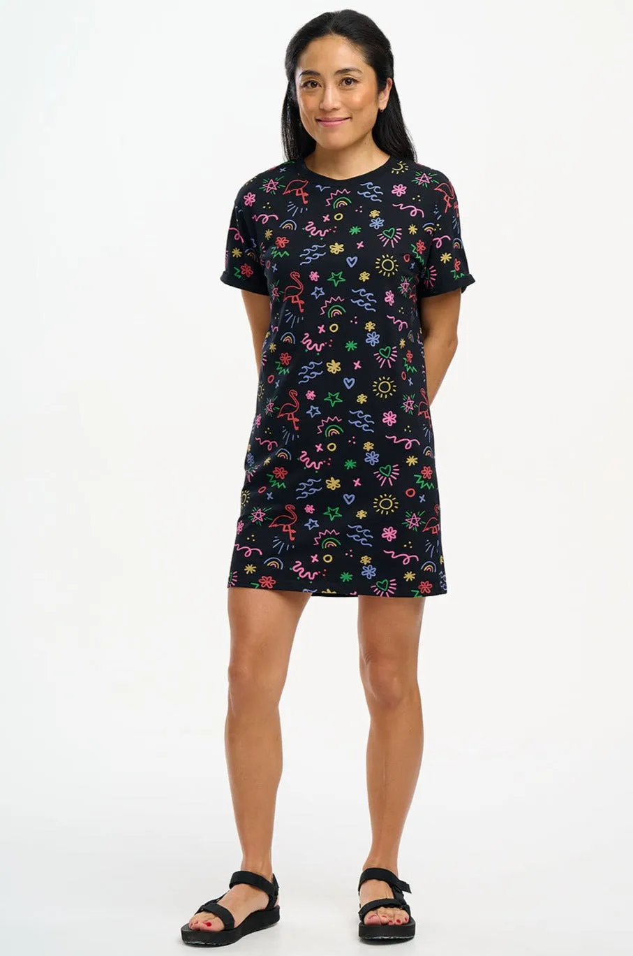 Brandie T-Shirt Dress - Black, Flamingo Doodle