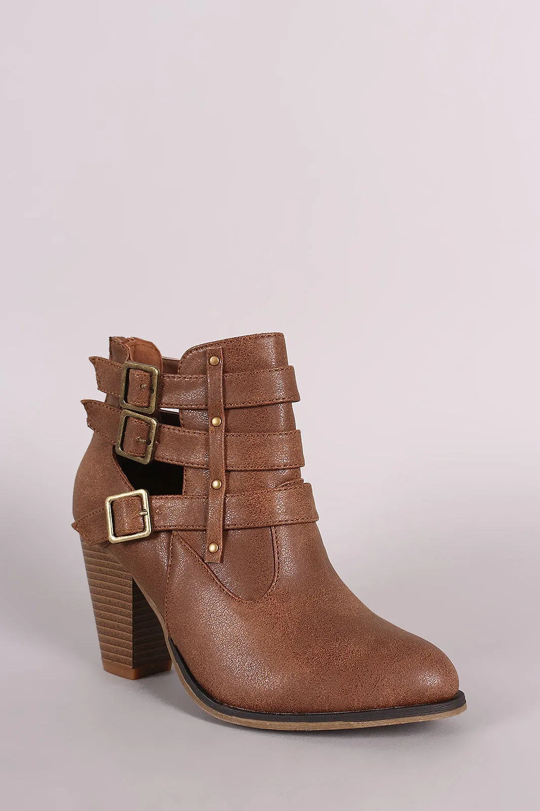 Buckled Side Cutout Chunky Heeled Ankle Boots