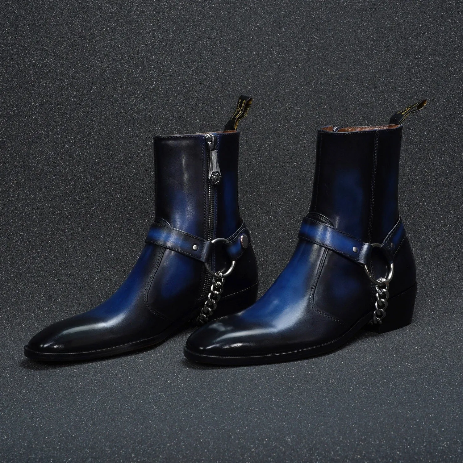 Burnished Blue Cuban Heel Boot with Removable Buckle