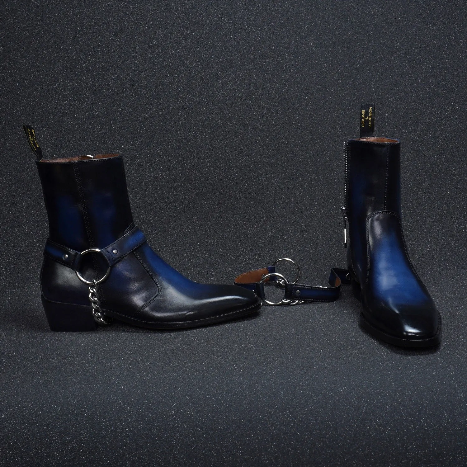 Burnished Blue Cuban Heel Boot with Removable Buckle