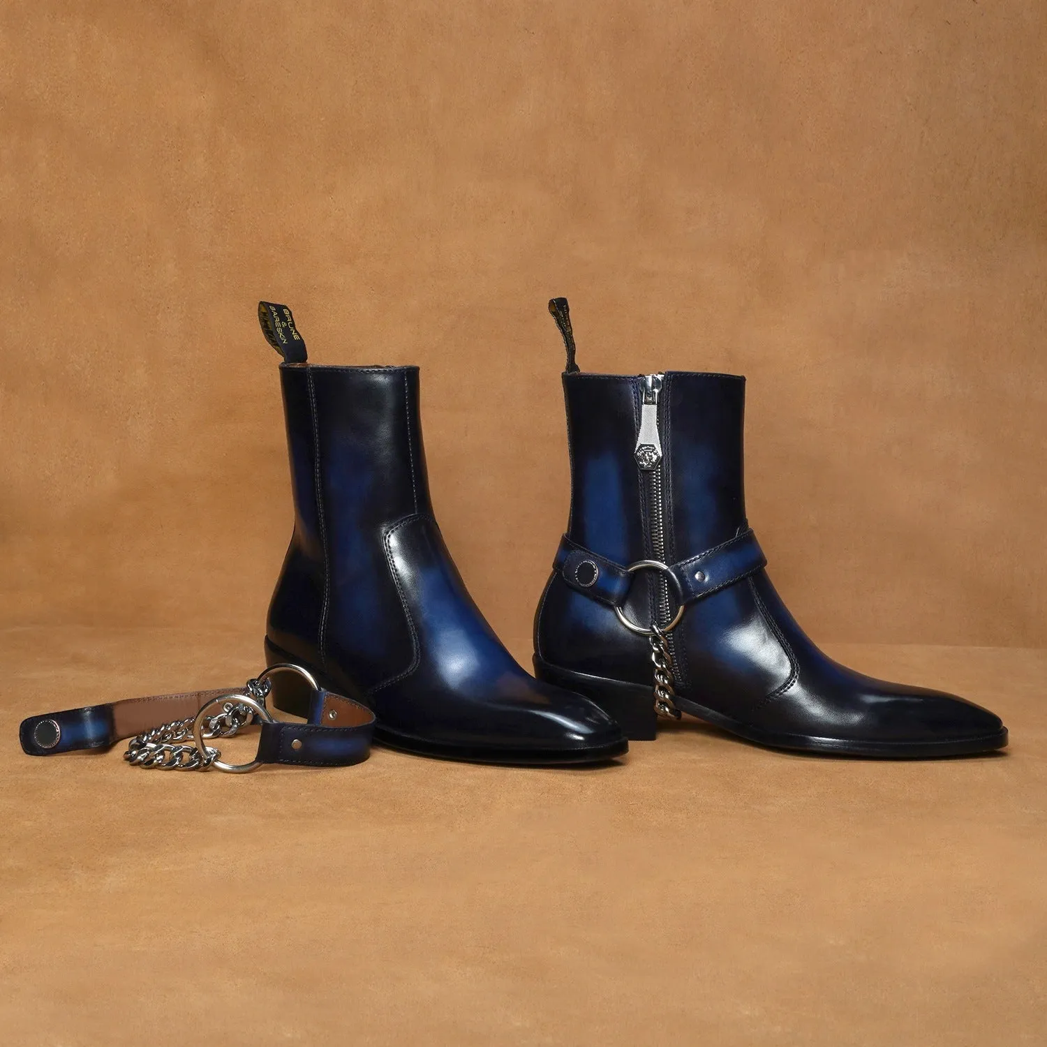 Burnished Blue Cuban Heel Boot with Removable Buckle