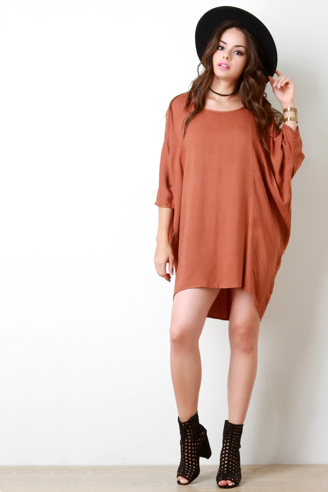 Casual Bat Wing Sleeve Boat Neck Midi Dress