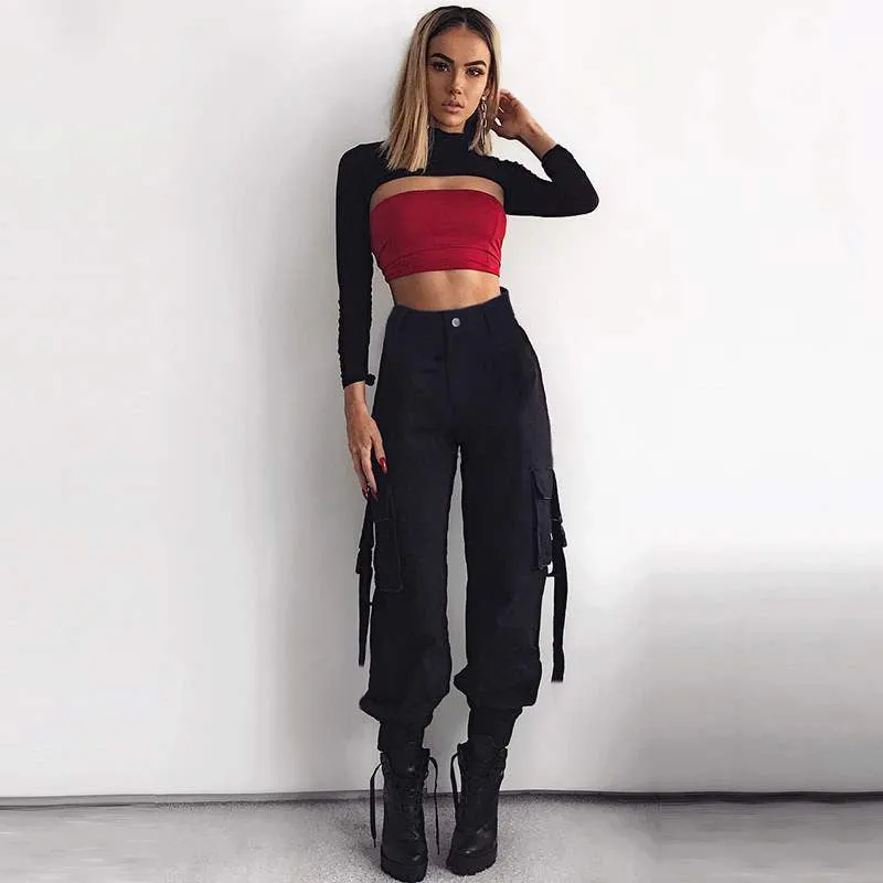 Casual Style Buckled Cargo Pocket High Waist Harem Pants - Black