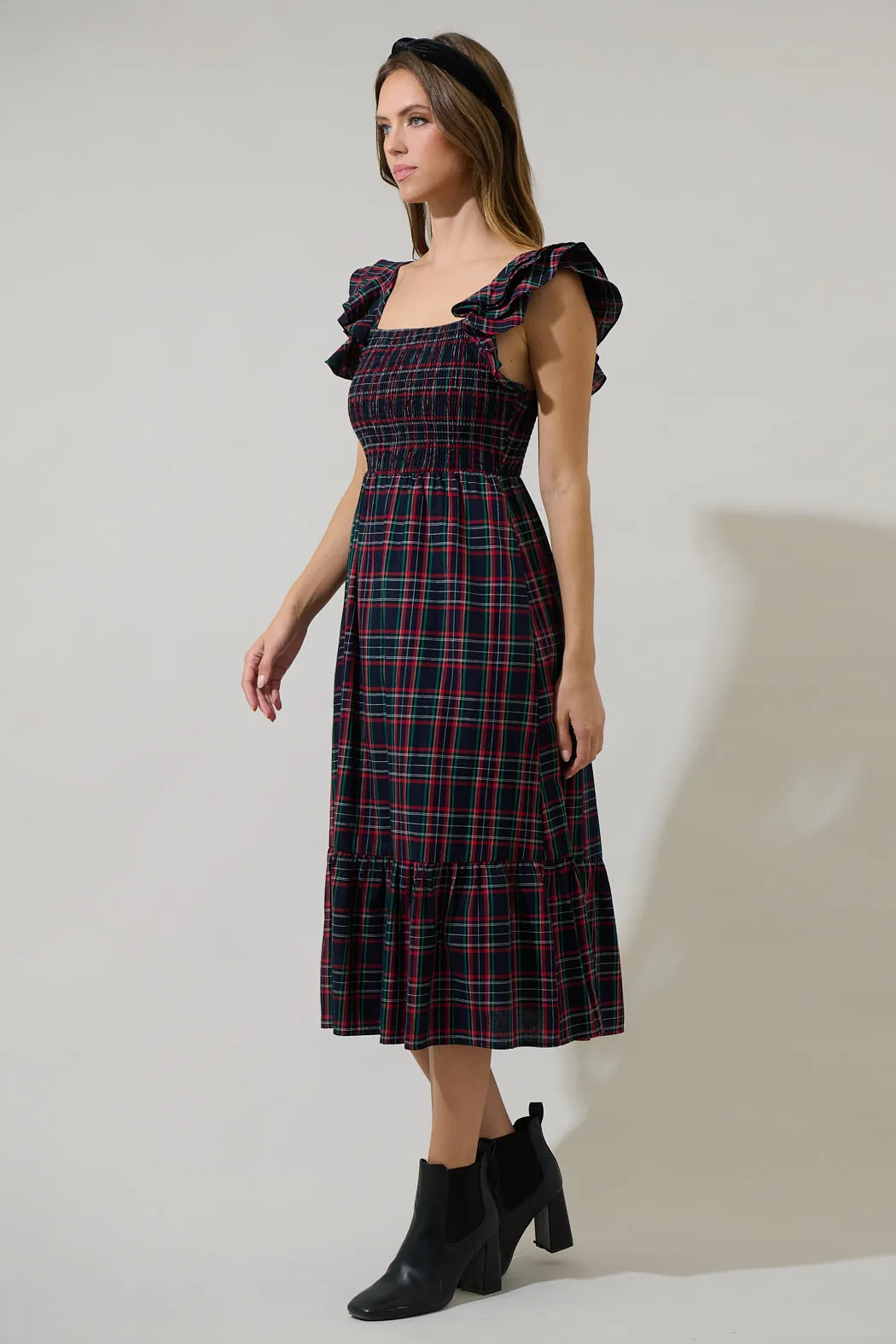 Chapman Plaid Girona Smocked Ruffle Midi Dress