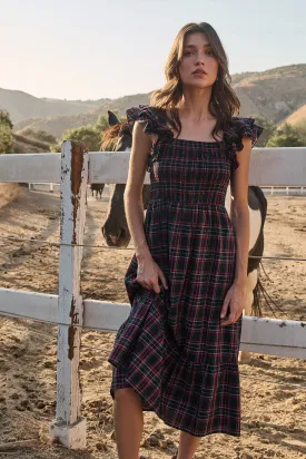 Chapman Plaid Girona Smocked Ruffle Midi Dress