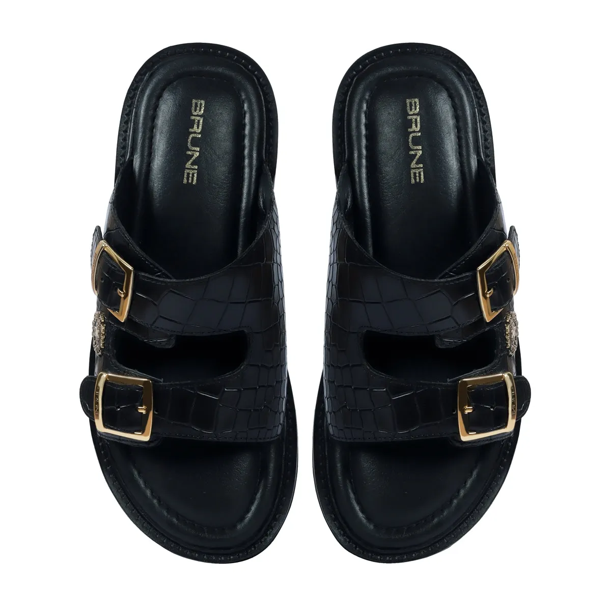 Chunky Sole Slide-in Slippers in Black Cut Croco Textured Leather