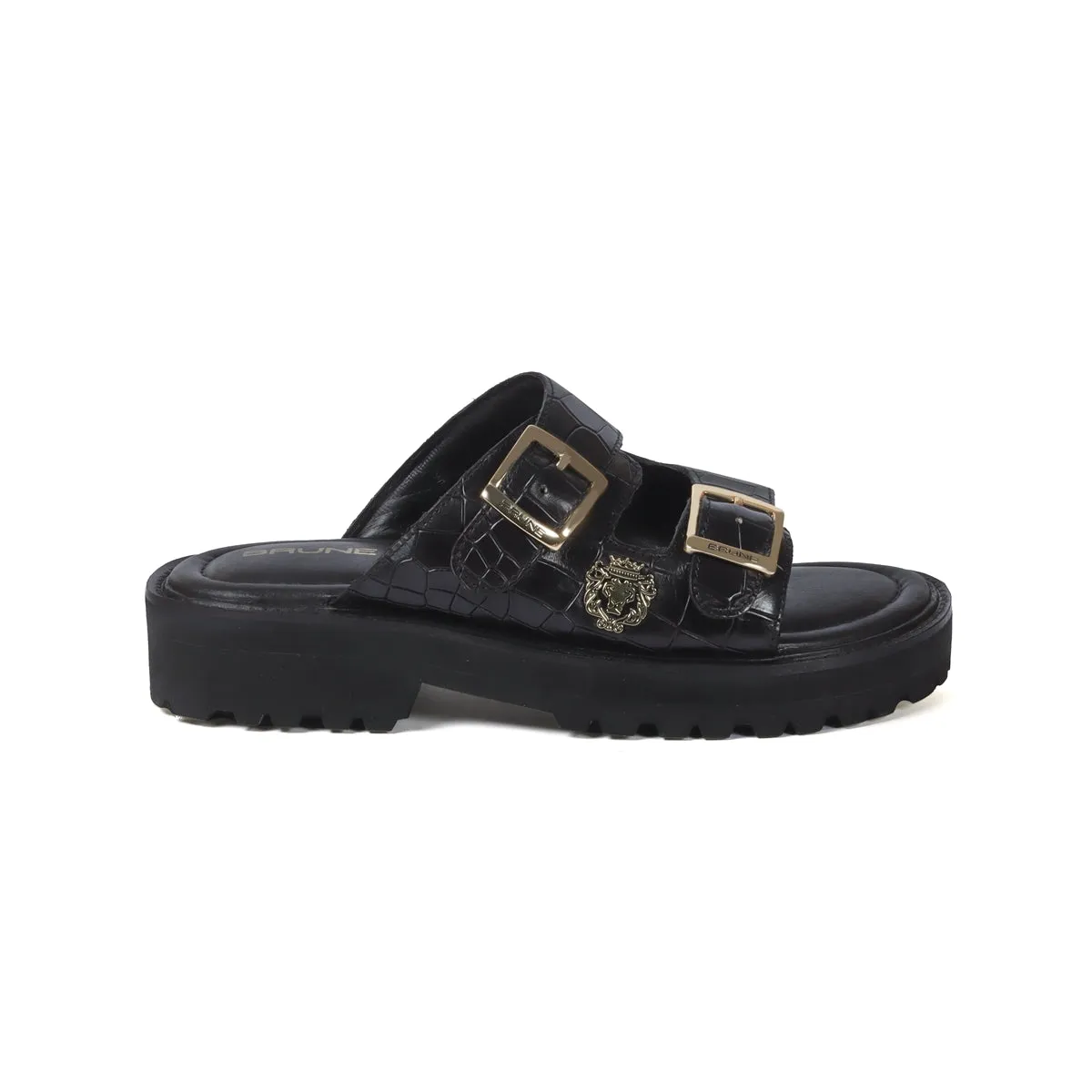 Chunky Sole Slide-in Slippers in Black Cut Croco Textured Leather