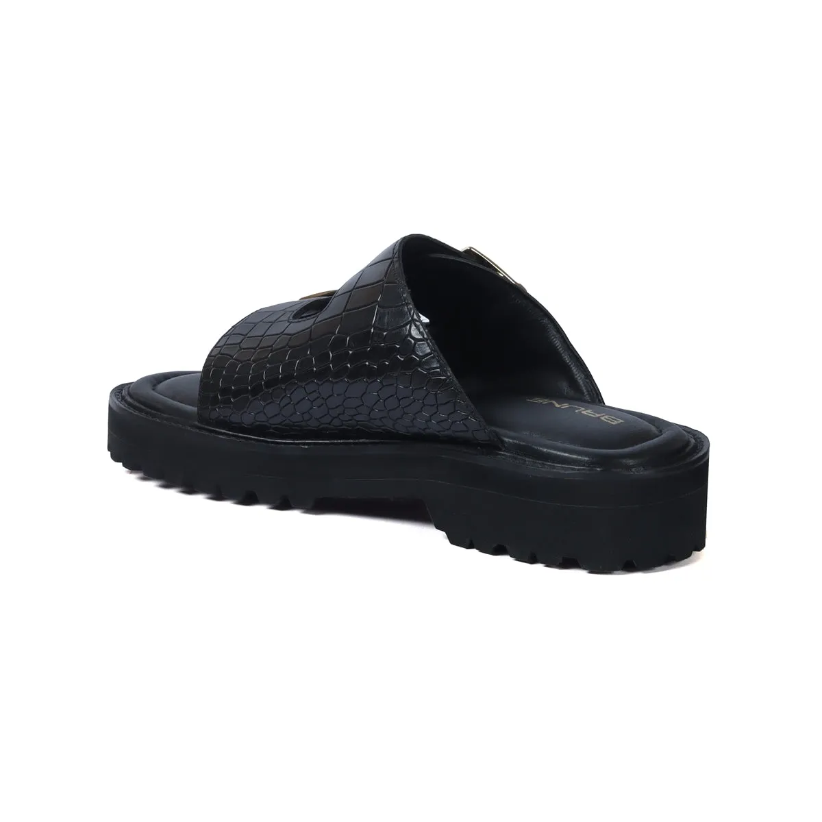 Chunky Sole Slide-in Slippers in Black Cut Croco Textured Leather