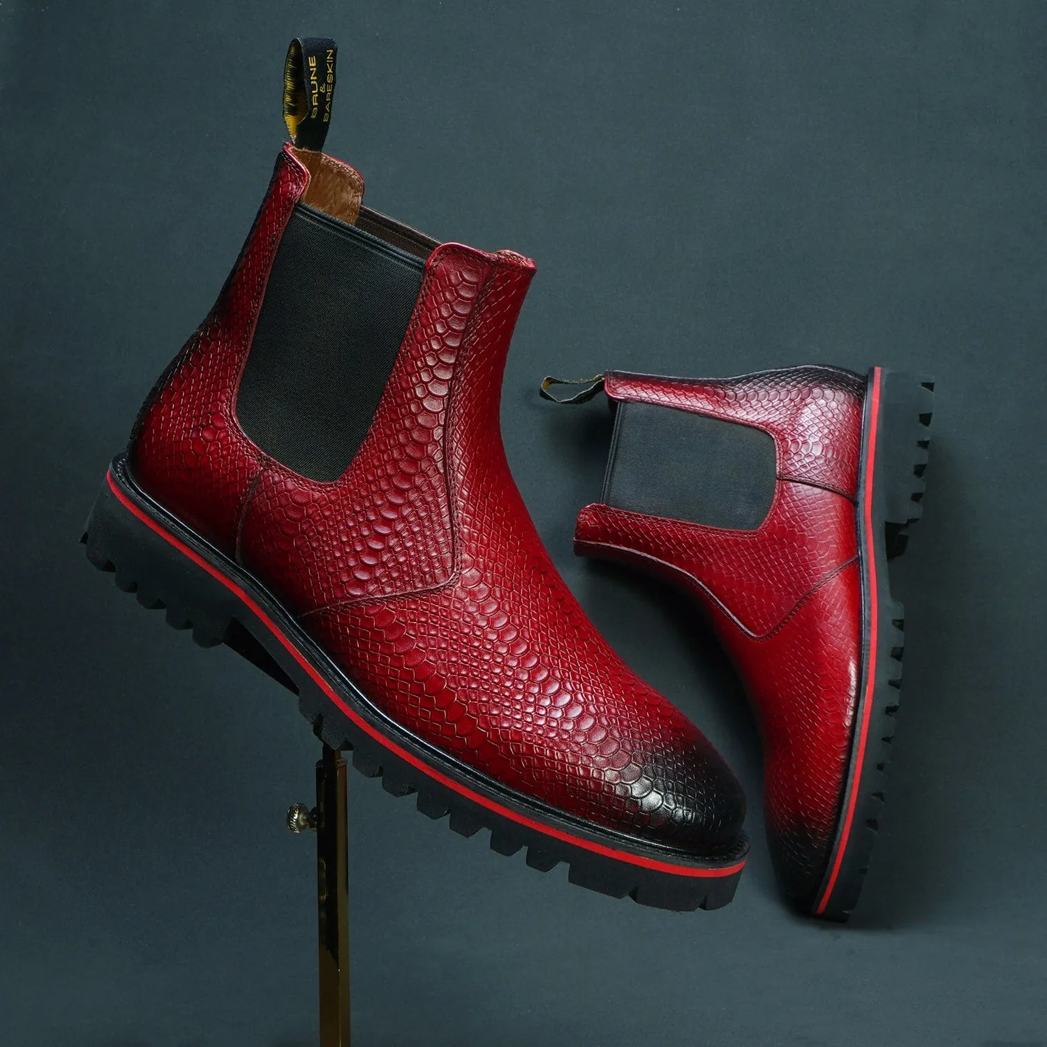 Chunky Sole Wine Chelsea Boot with Snake Skin Textured Leather