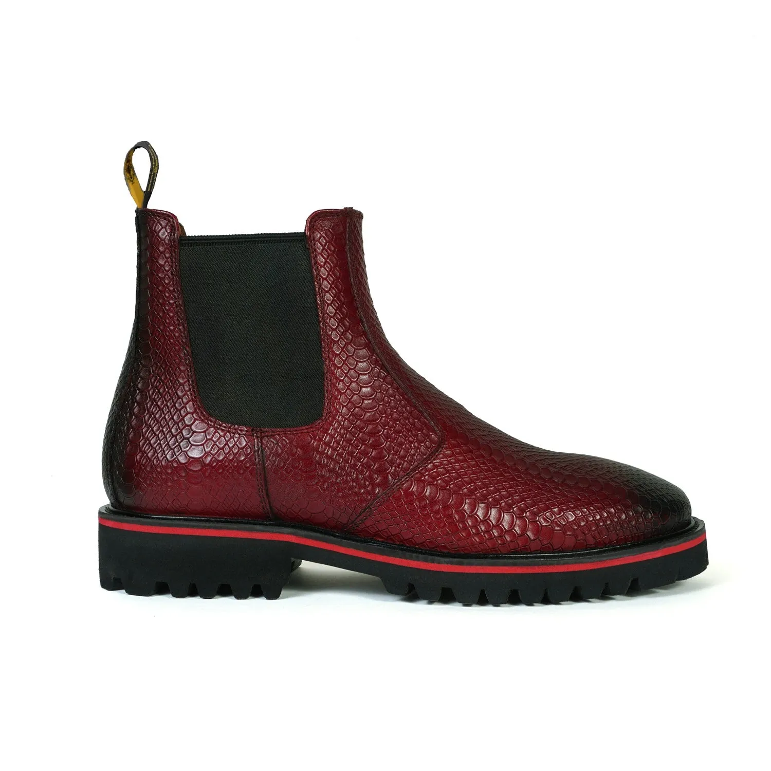 Chunky Sole Wine Chelsea Boot with Snake Skin Textured Leather