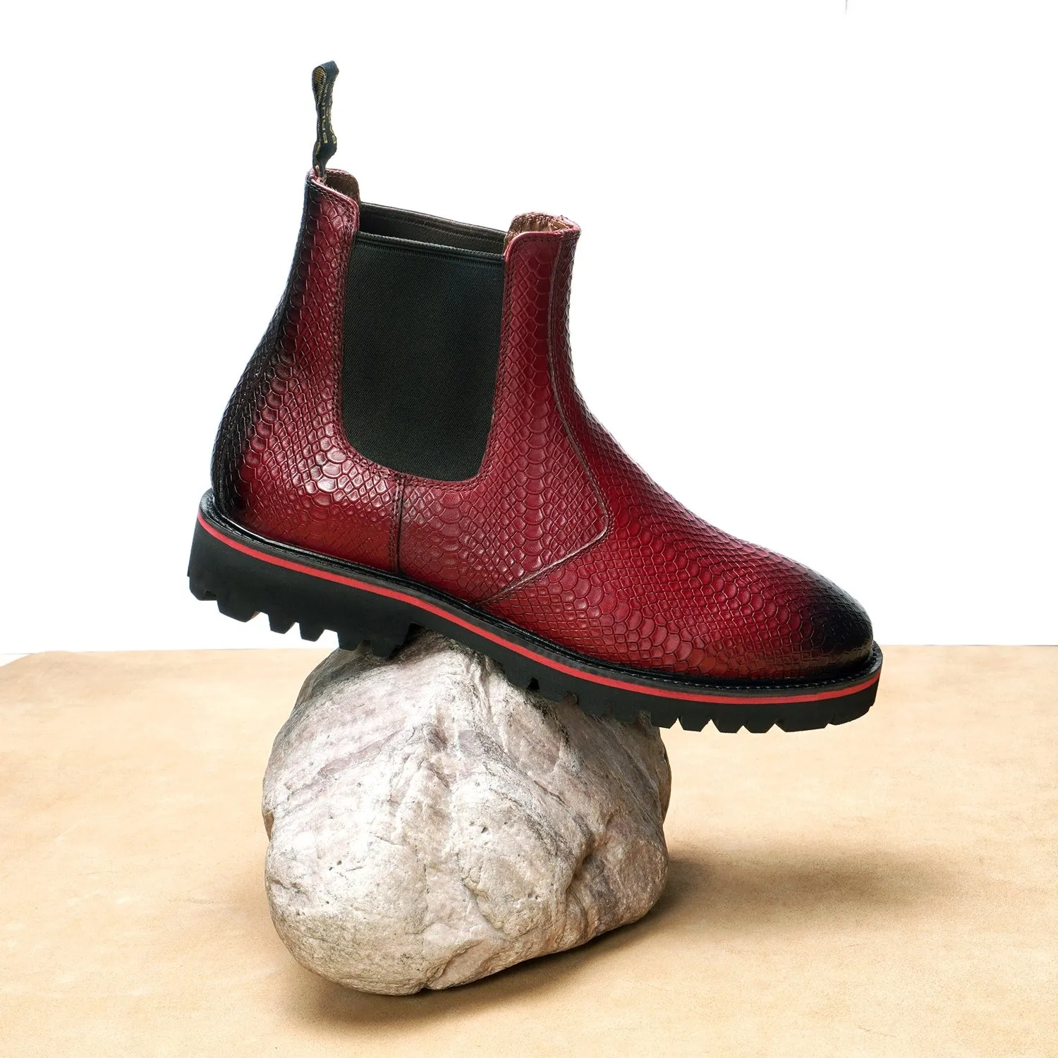 Chunky Sole Wine Chelsea Boot with Snake Skin Textured Leather