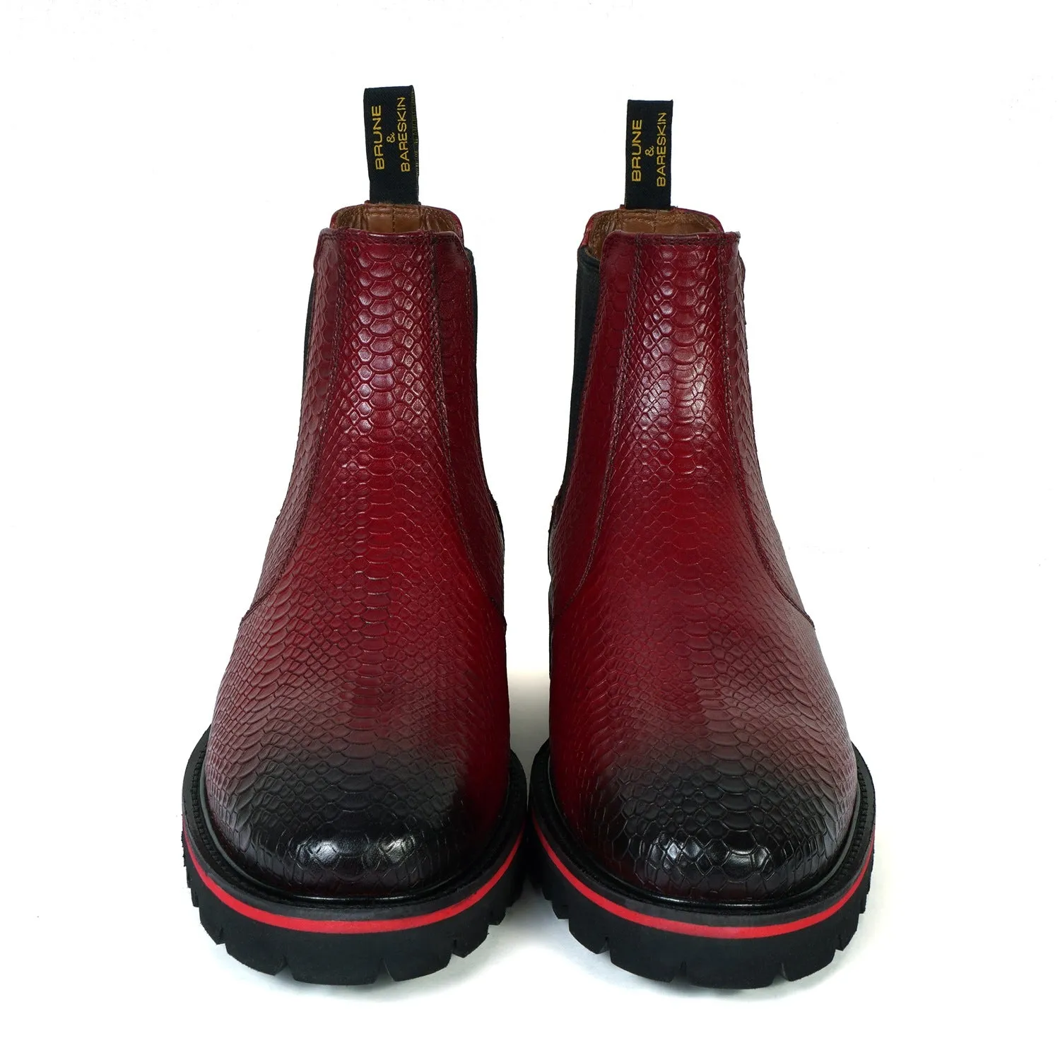 Chunky Sole Wine Chelsea Boot with Snake Skin Textured Leather