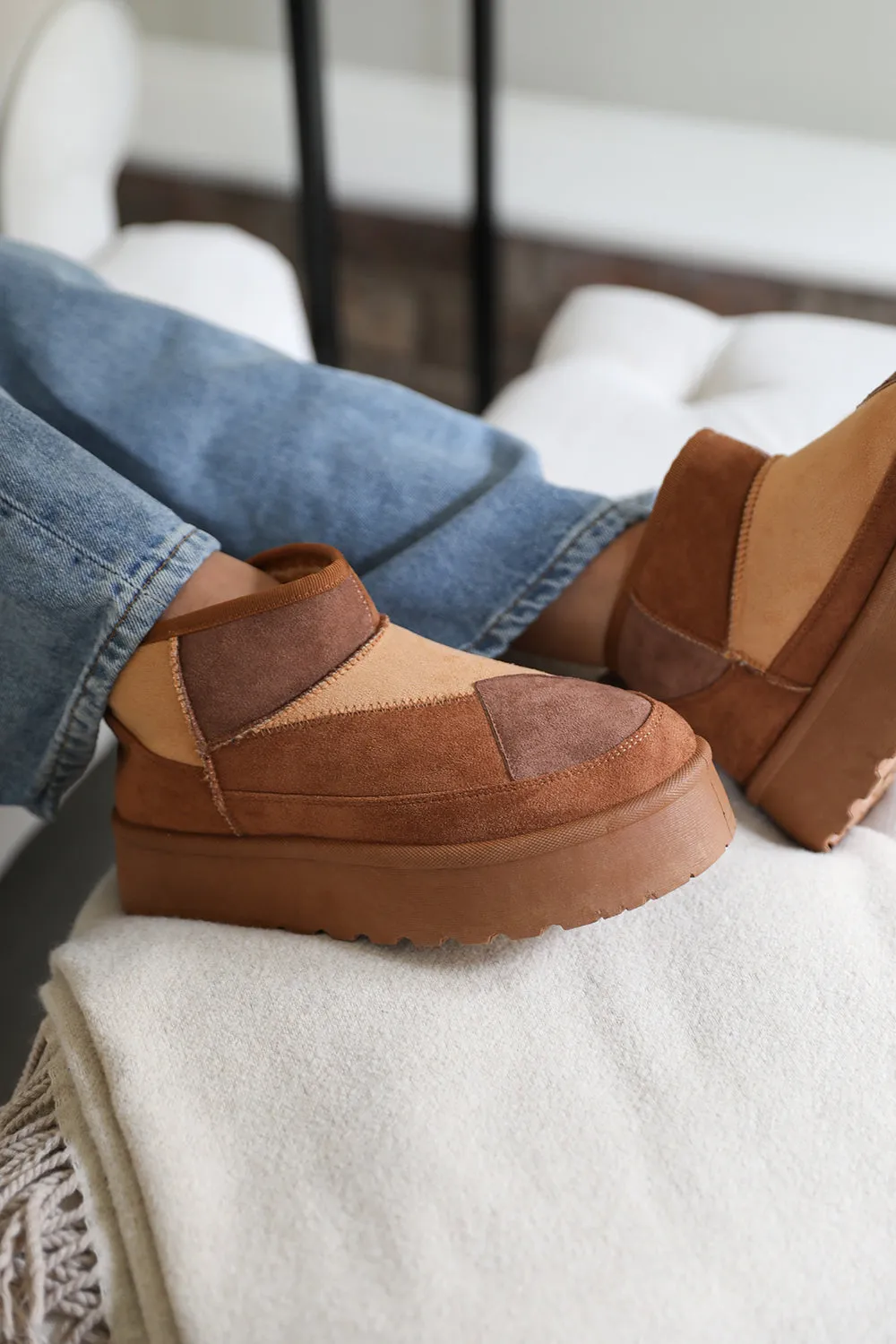 COCONUT FLATFORM PATCHWORK FAUX FUR LINING ANKLE BOOT IN CHESTNUT MIX SUEDE