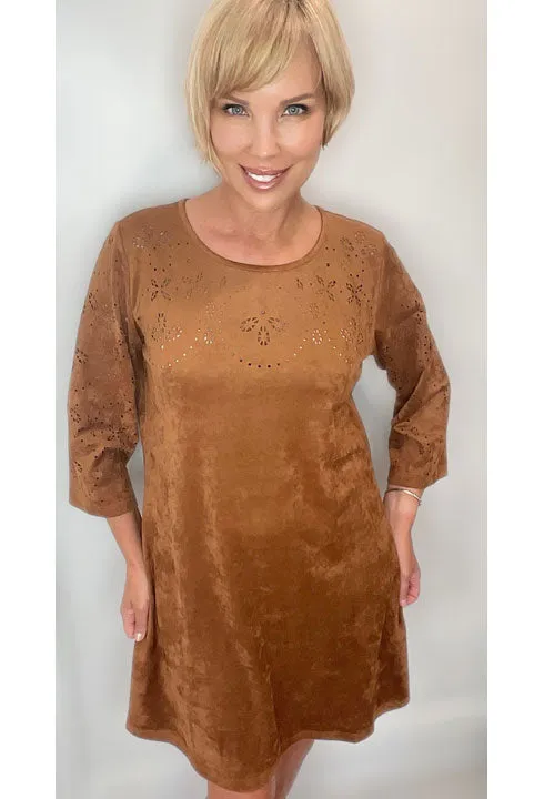 Cognac Brown Knee Length Ultra Suede Dress