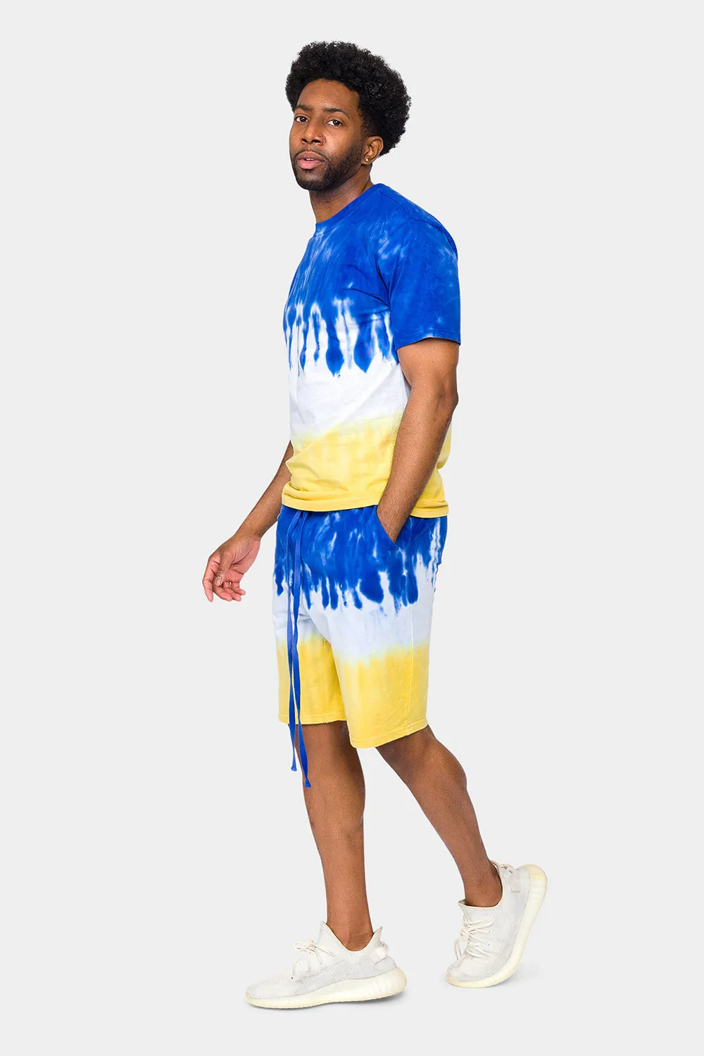 Colorblock Tie Dye Cotton Shirt Shorts Set