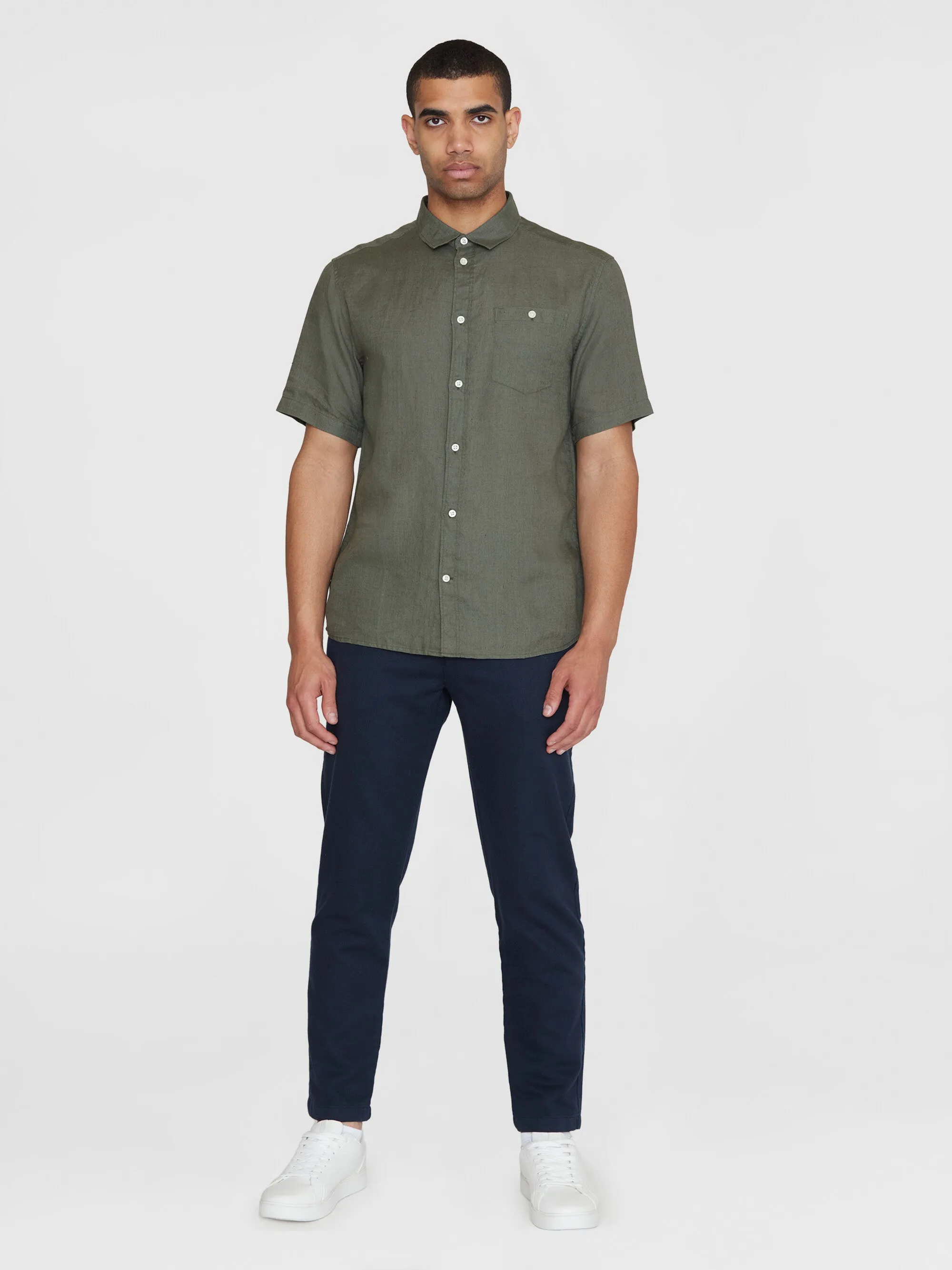 Custom fit linen short sleeve shirt - Burned Olive