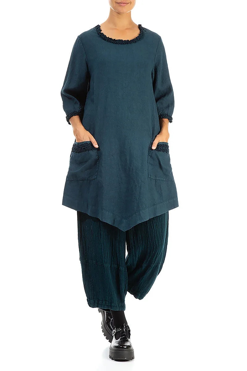 Decorated Dark Navy Linen Tunic