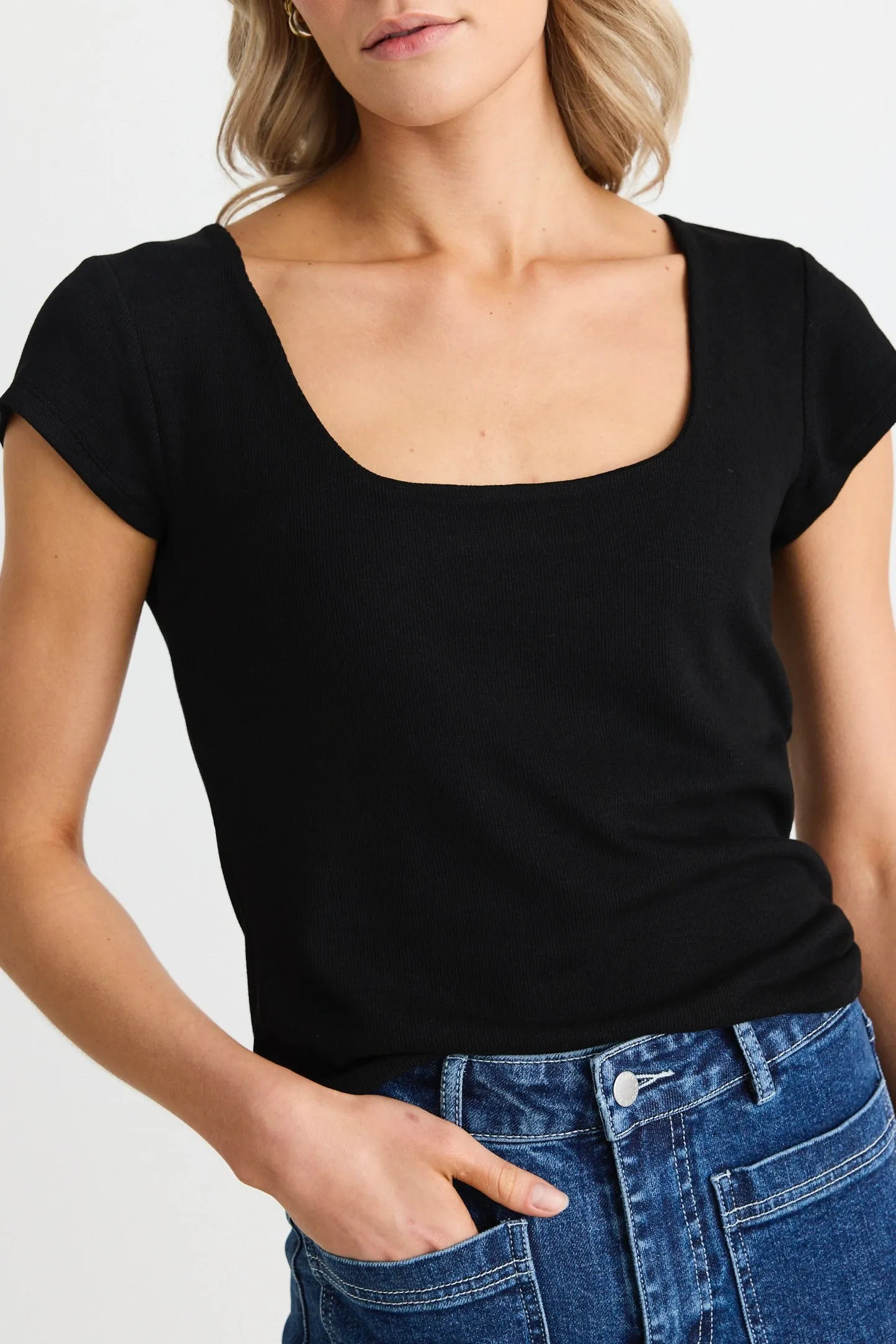 Definitive Black Cap Short Sleeve Square Neck Stretch Top