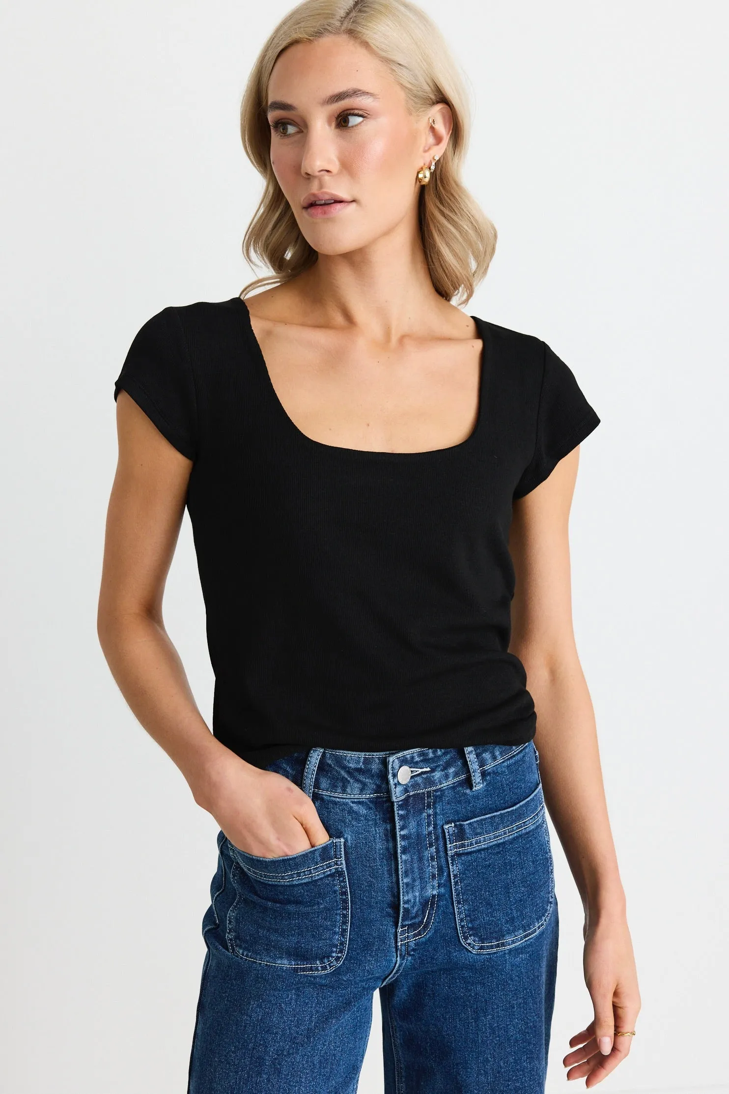 Definitive Black Cap Short Sleeve Square Neck Stretch Top