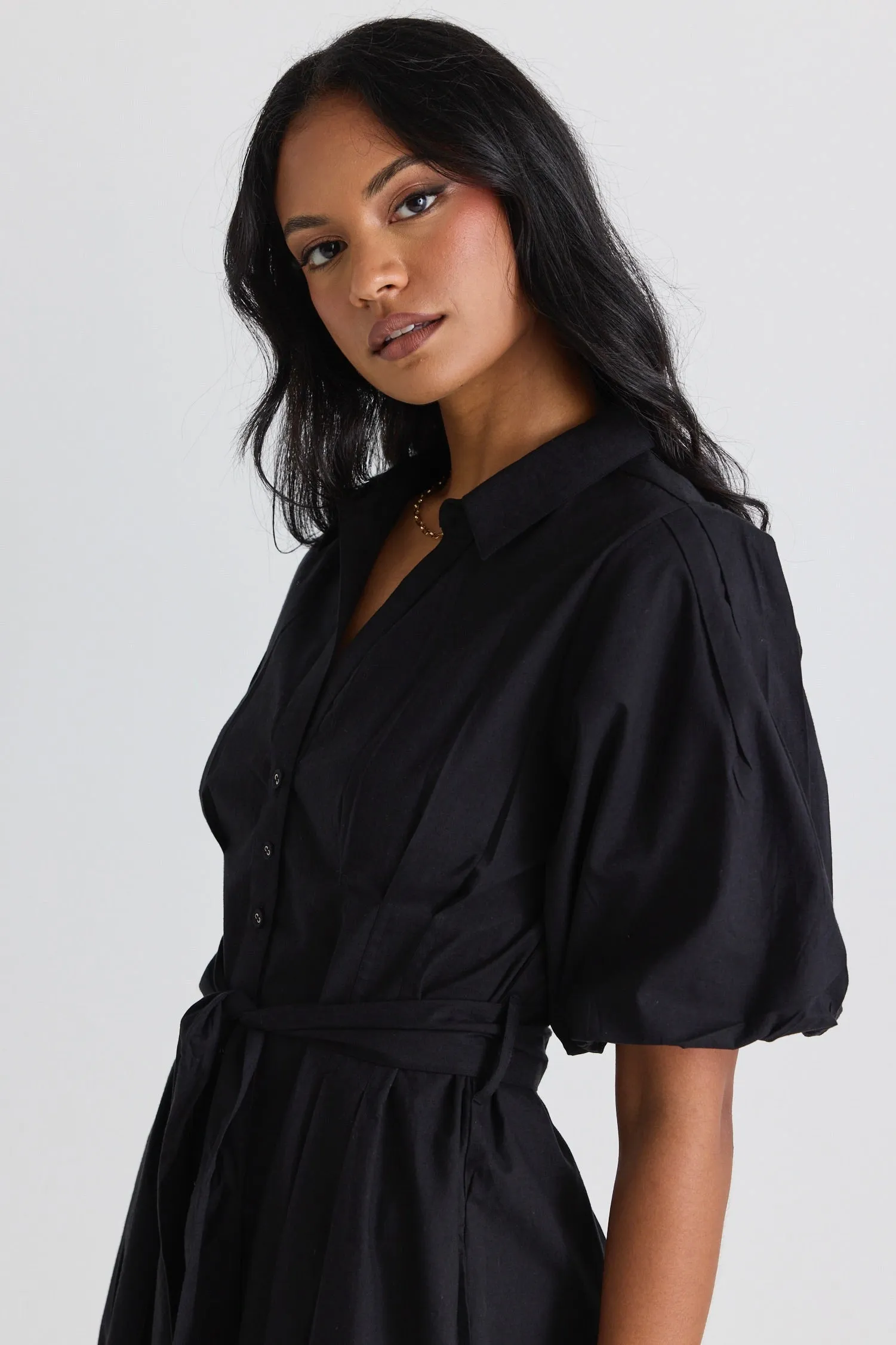 Dusk Black Puff Short Sleeve Collared Maxi Dress