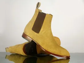 Elegant Men's  Handmade Beige Suede Chelsea Boots, Men Ankle Boots, Men Designer Boots