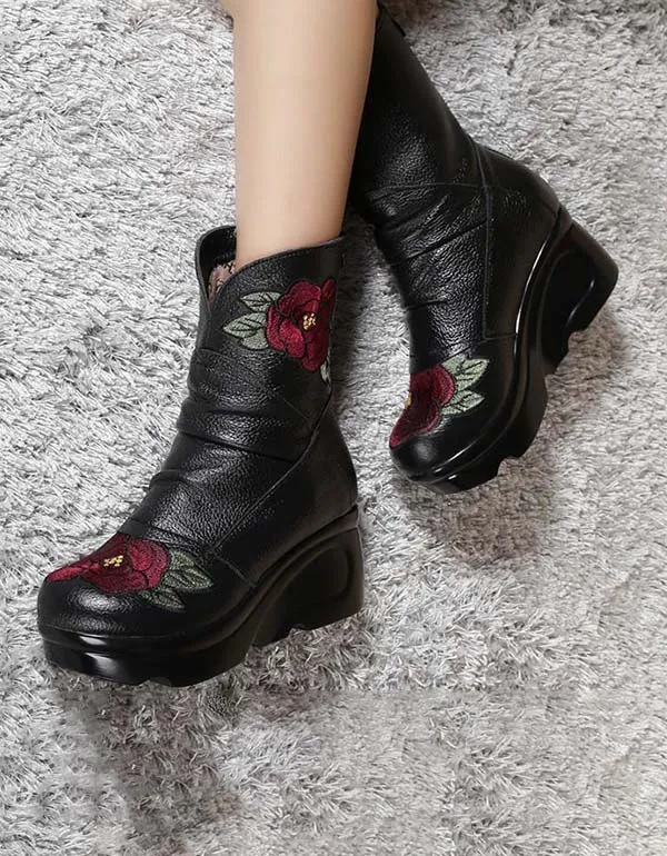 Ethnic Style Embroidery Wedge Boots for Winter