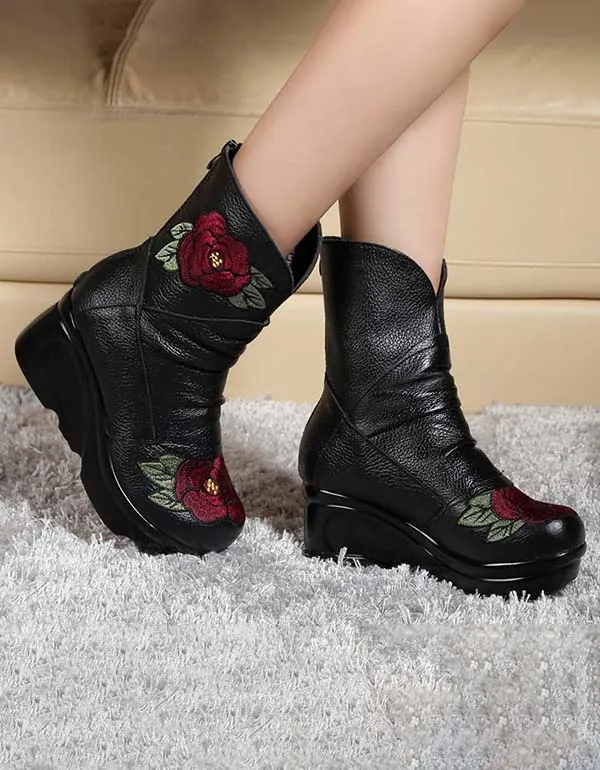 Ethnic Style Embroidery Wedge Boots for Winter