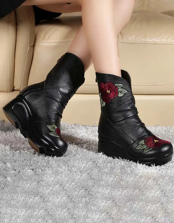 Ethnic Style Embroidery Wedge Boots for Winter