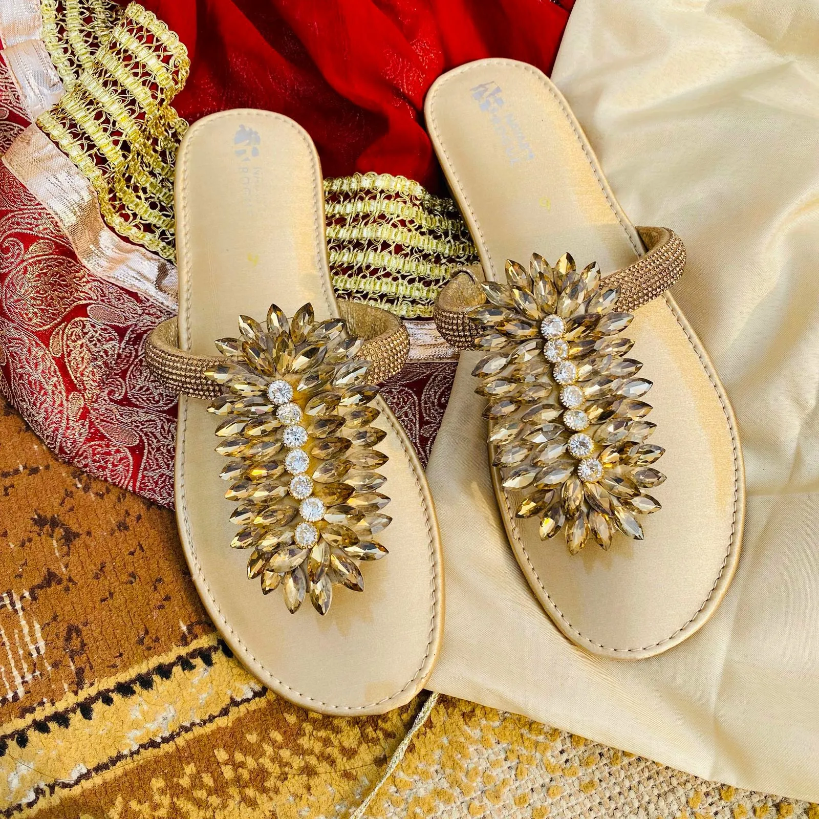 Flat Diamante Sliders with Soft Jelly Sole - Golden