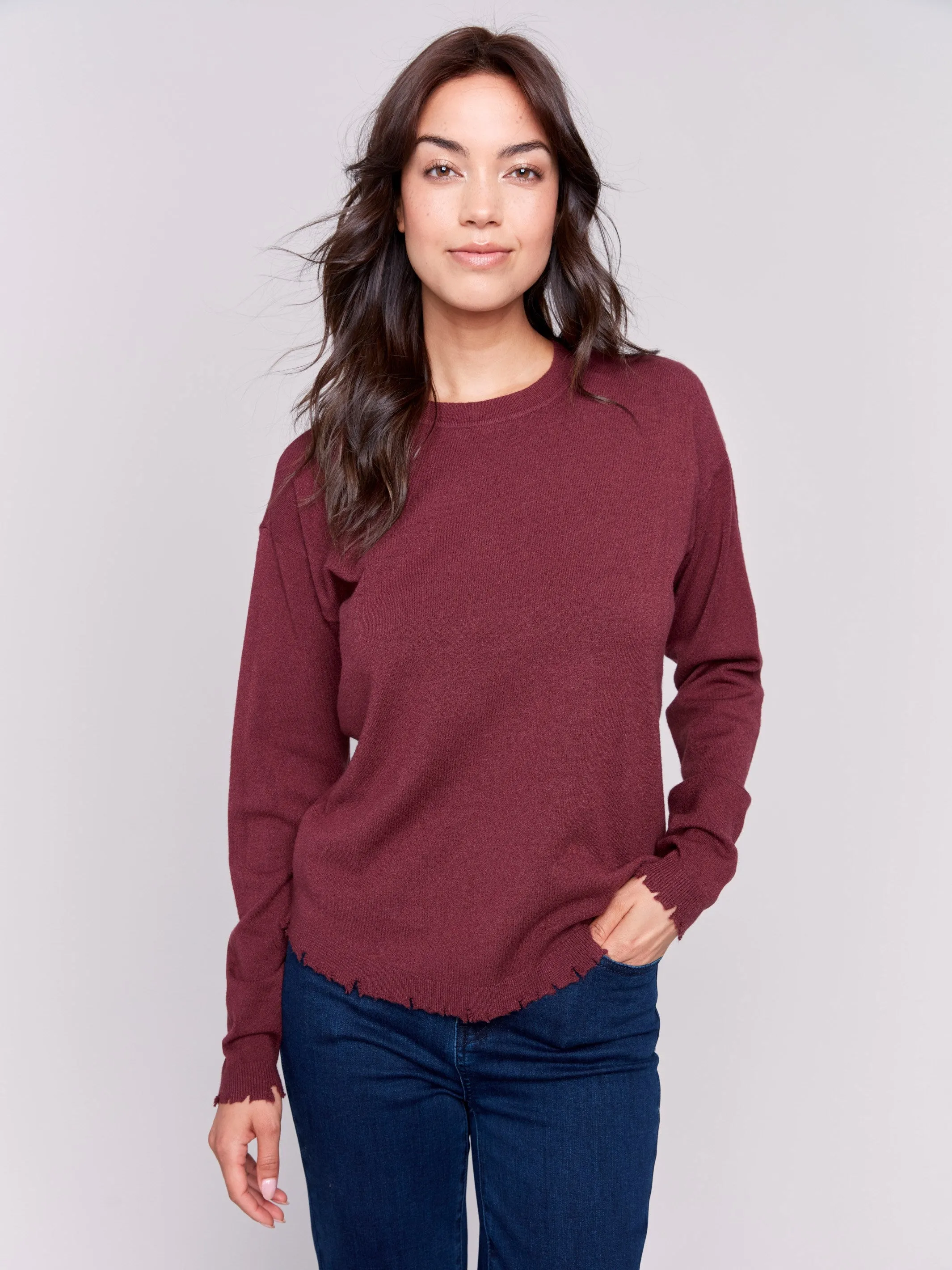 Frayed Edge Round Hem Sweater - Cabernet