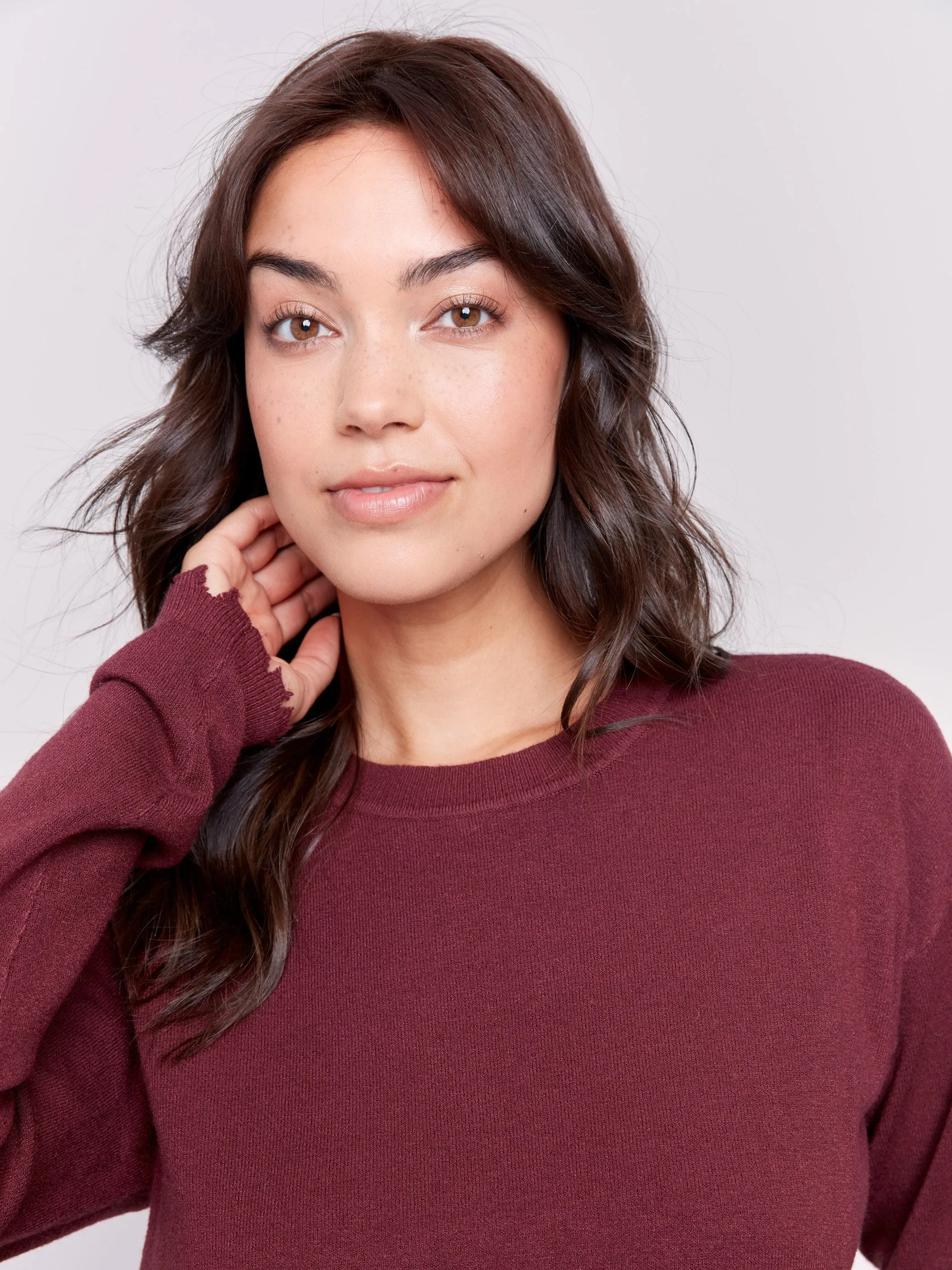 Frayed Edge Round Hem Sweater - Cabernet