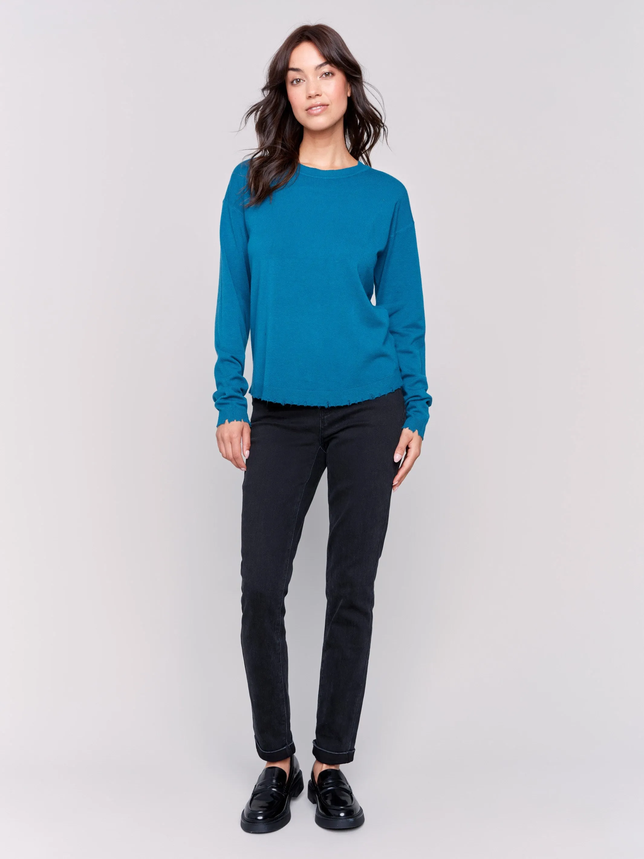 Frayed Edge Round Hem Sweater - Peacock