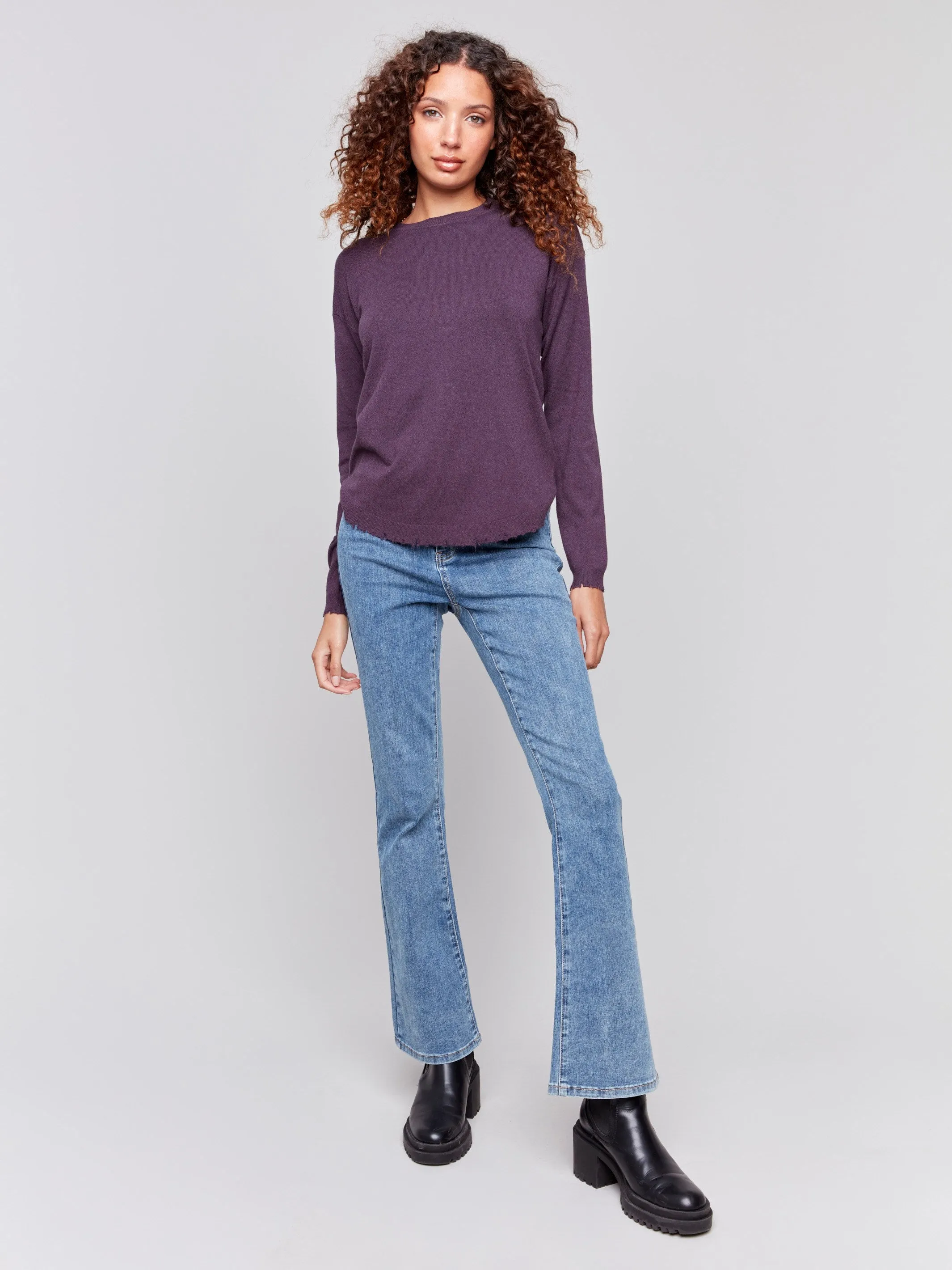 Frayed Edge Round Hem Sweater - Plum