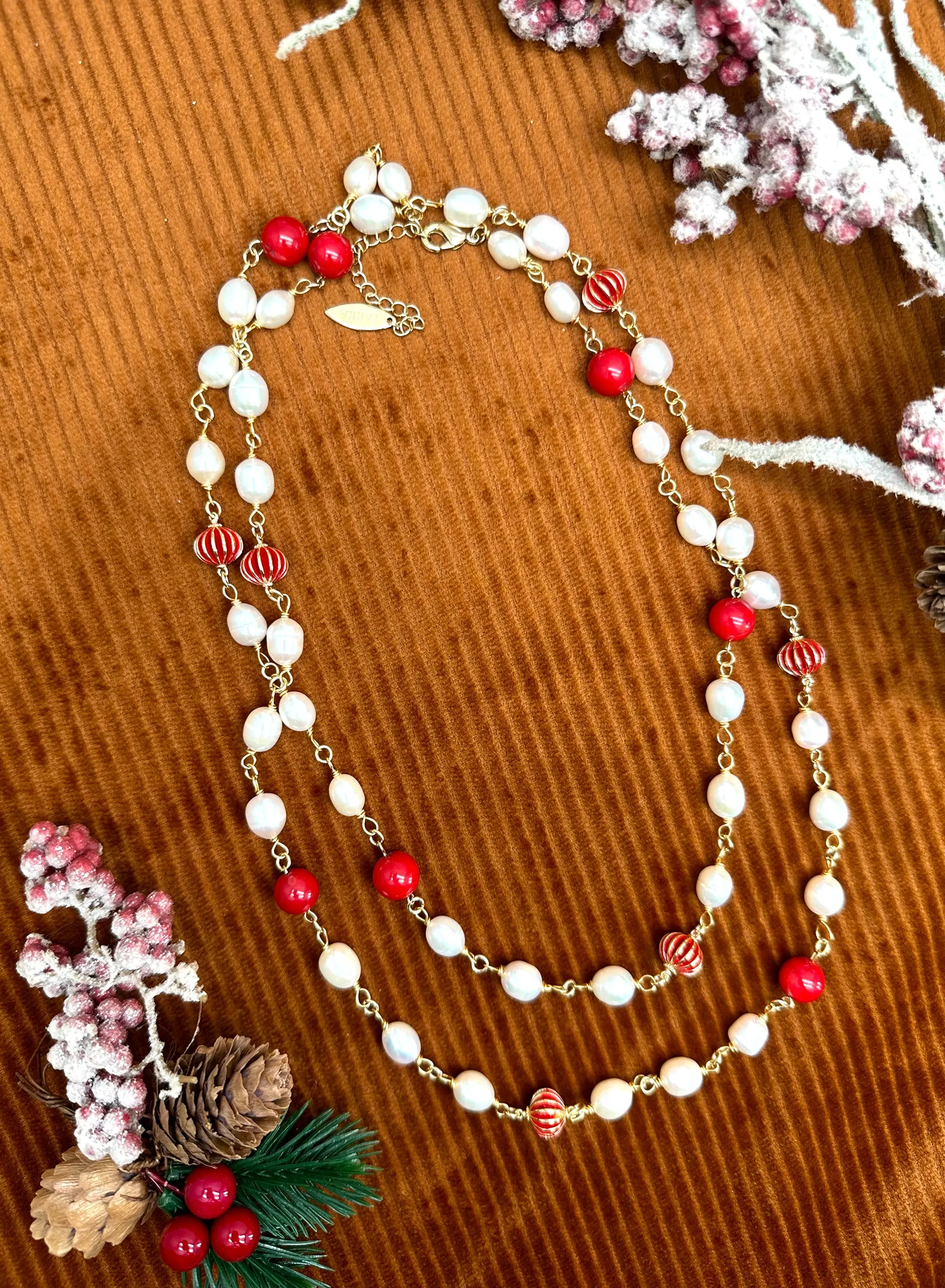 Freshwater Pearls With Red Bamboo Coral Multi-Way Chain Necklace KN049