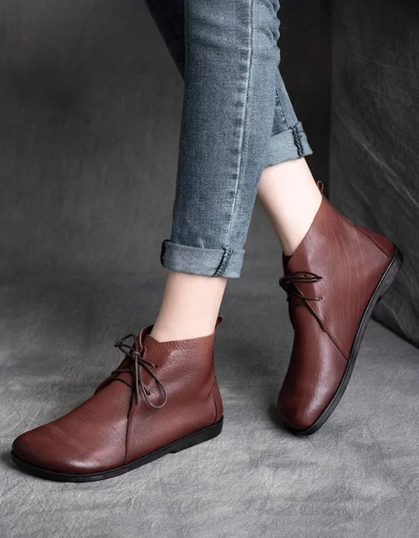 Genuine Leather Handmade Lace-Up Short Boots