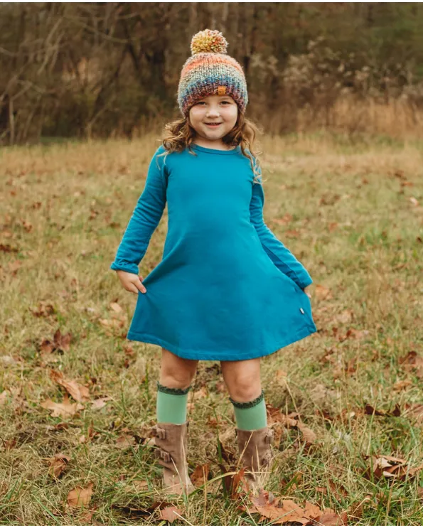 Girls Lightweight Soft Cotton Fleece A-Line Dress| Navy