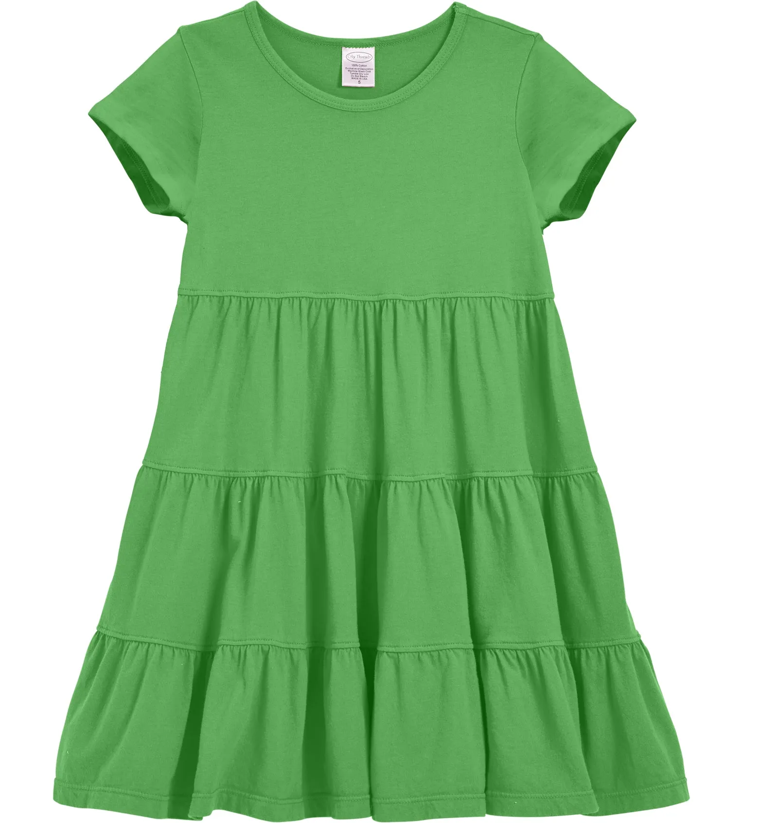 Girls Soft Cotton Jersey Short Sleeve Tiered Dress | Elf Green