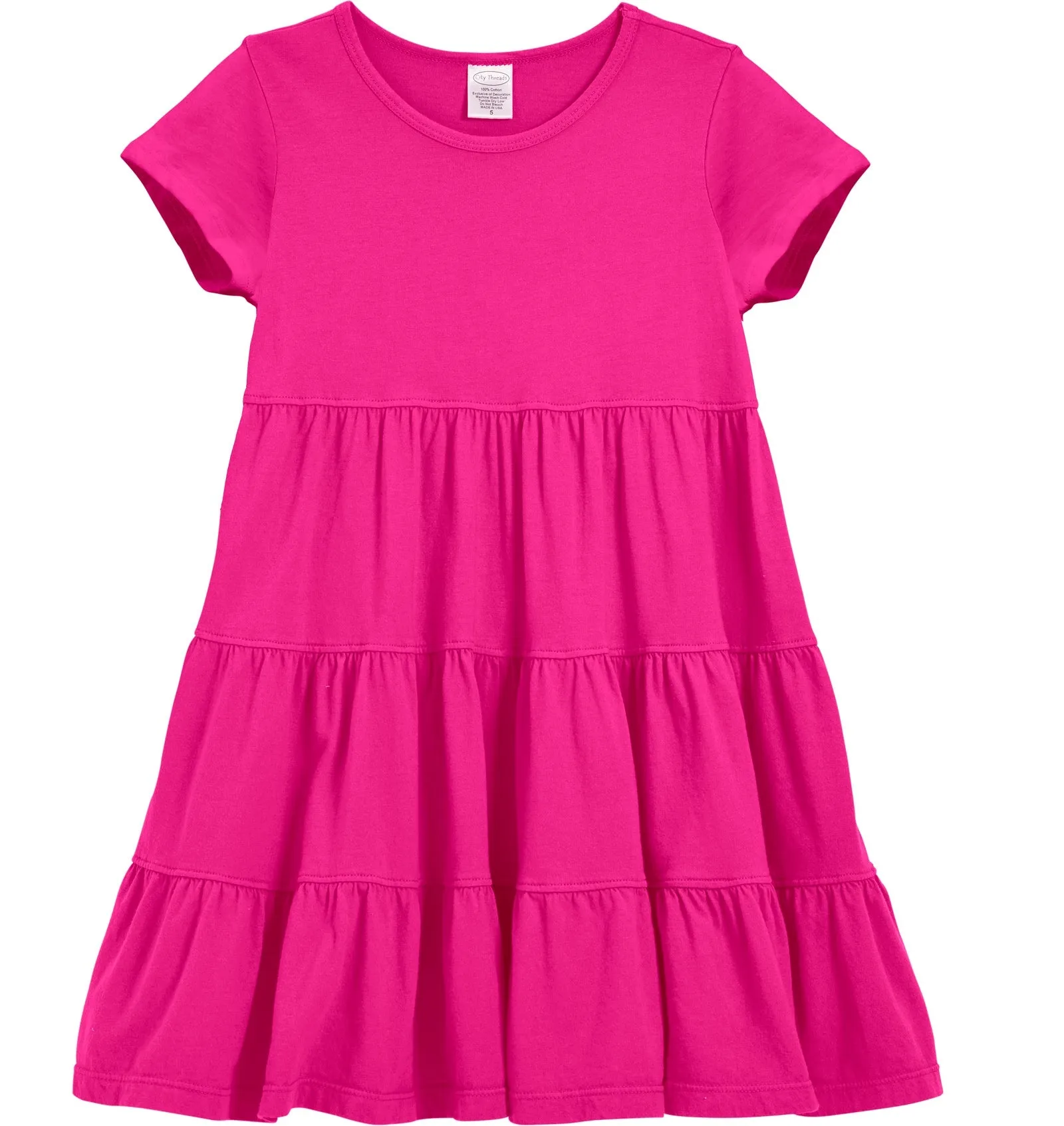 Girls Soft Cotton Jersey Short Sleeve Tiered Dress | Hot Pink