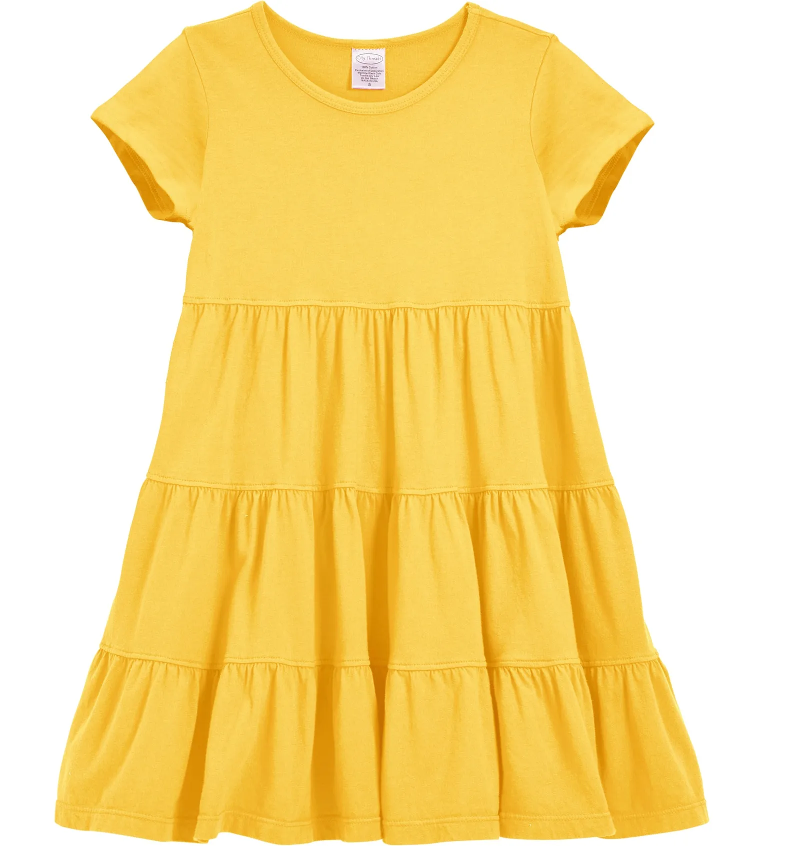 Girls Soft Cotton Jersey Short Sleeve Tiered Dress -Seconds| Damage-Yellow