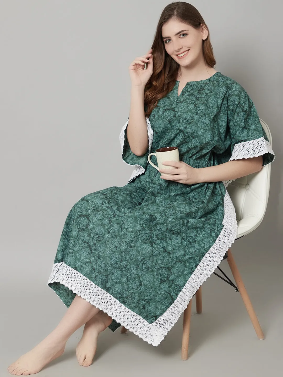 Green Cotton Floral Print Long Kaftan With Lace