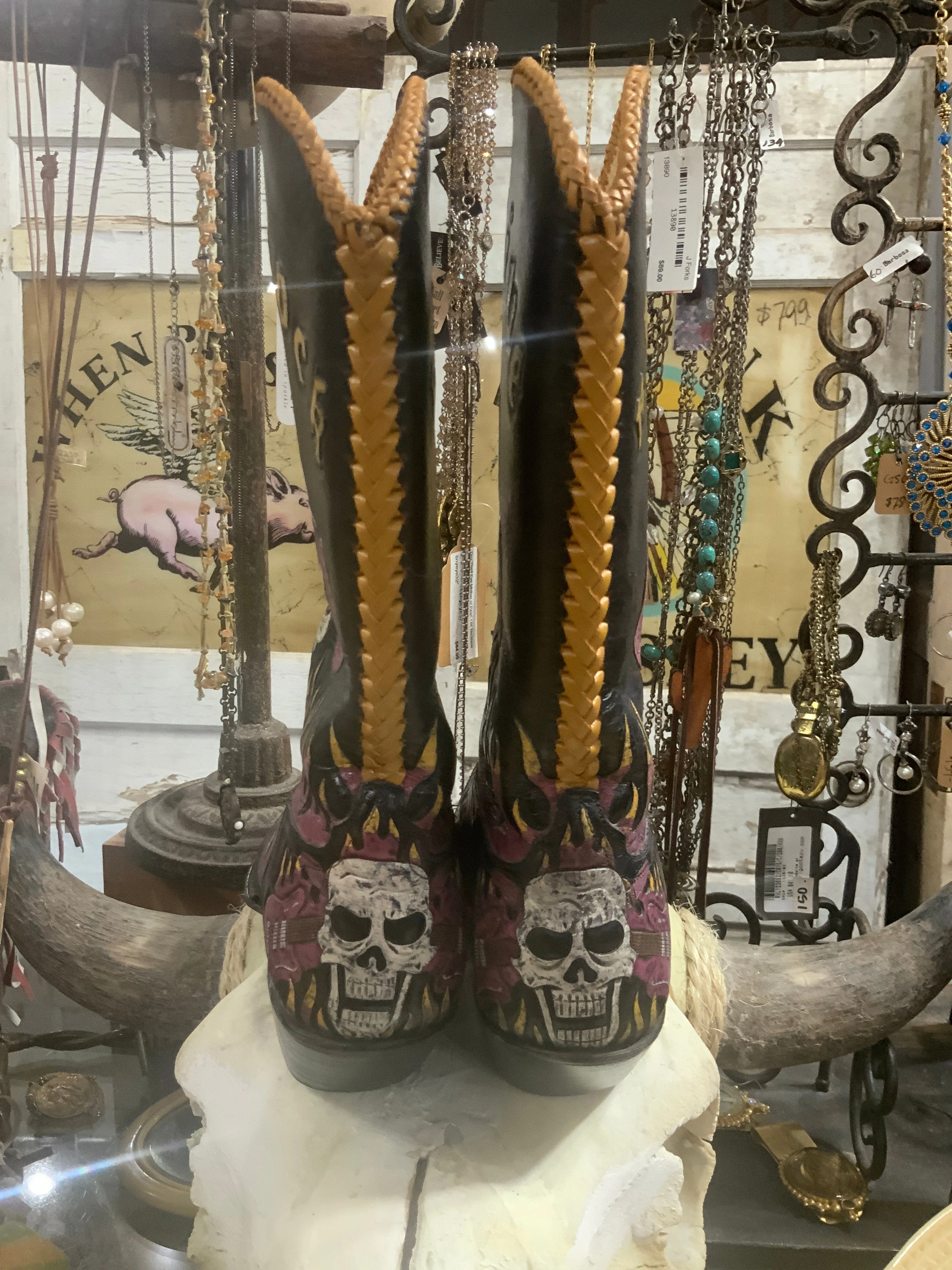 Hand Tooled Skull Guitar Flames Boots 6.5