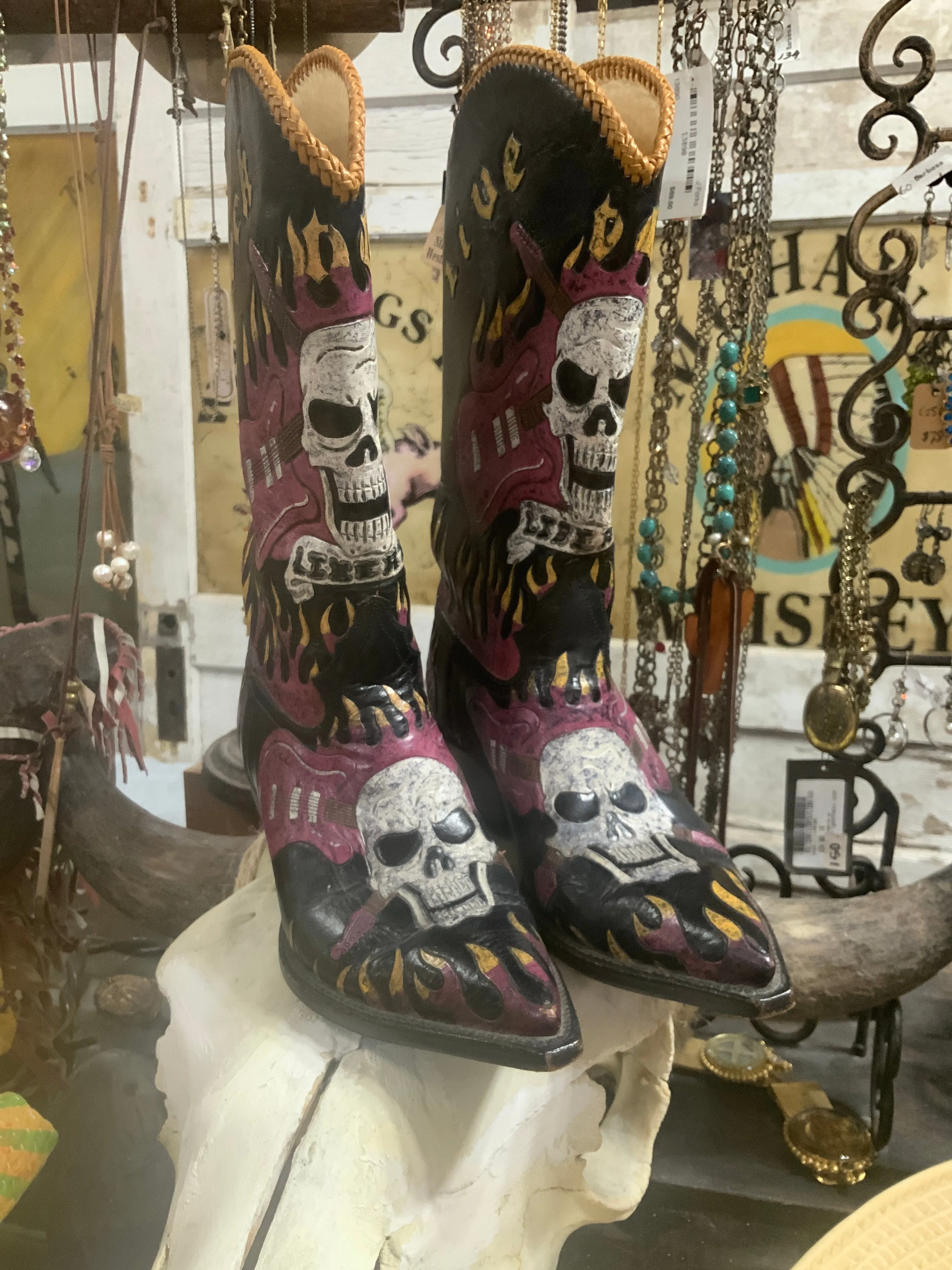 Hand Tooled Skull Guitar Flames Boots 6.5