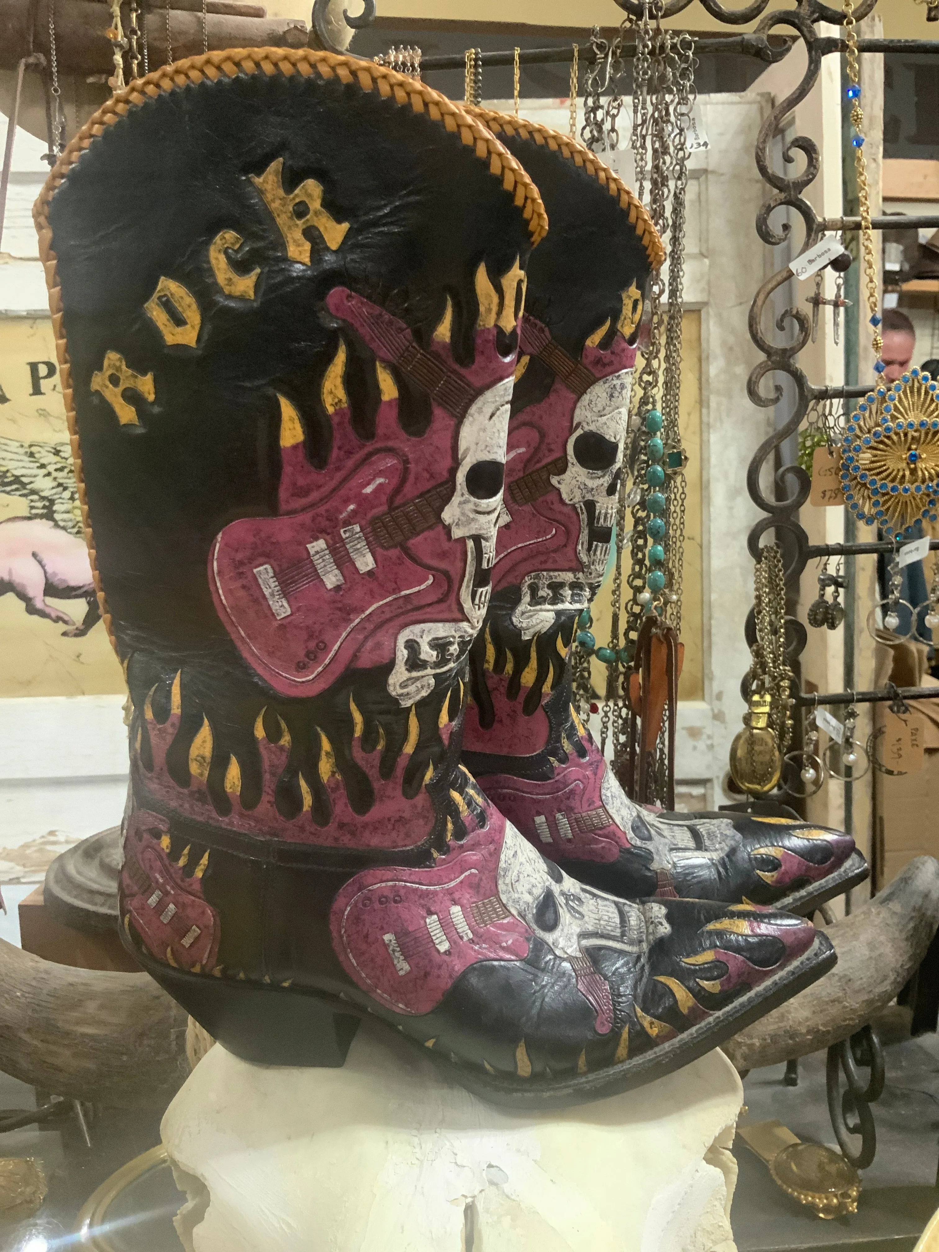 Hand Tooled Skull Guitar Flames Boots 6.5