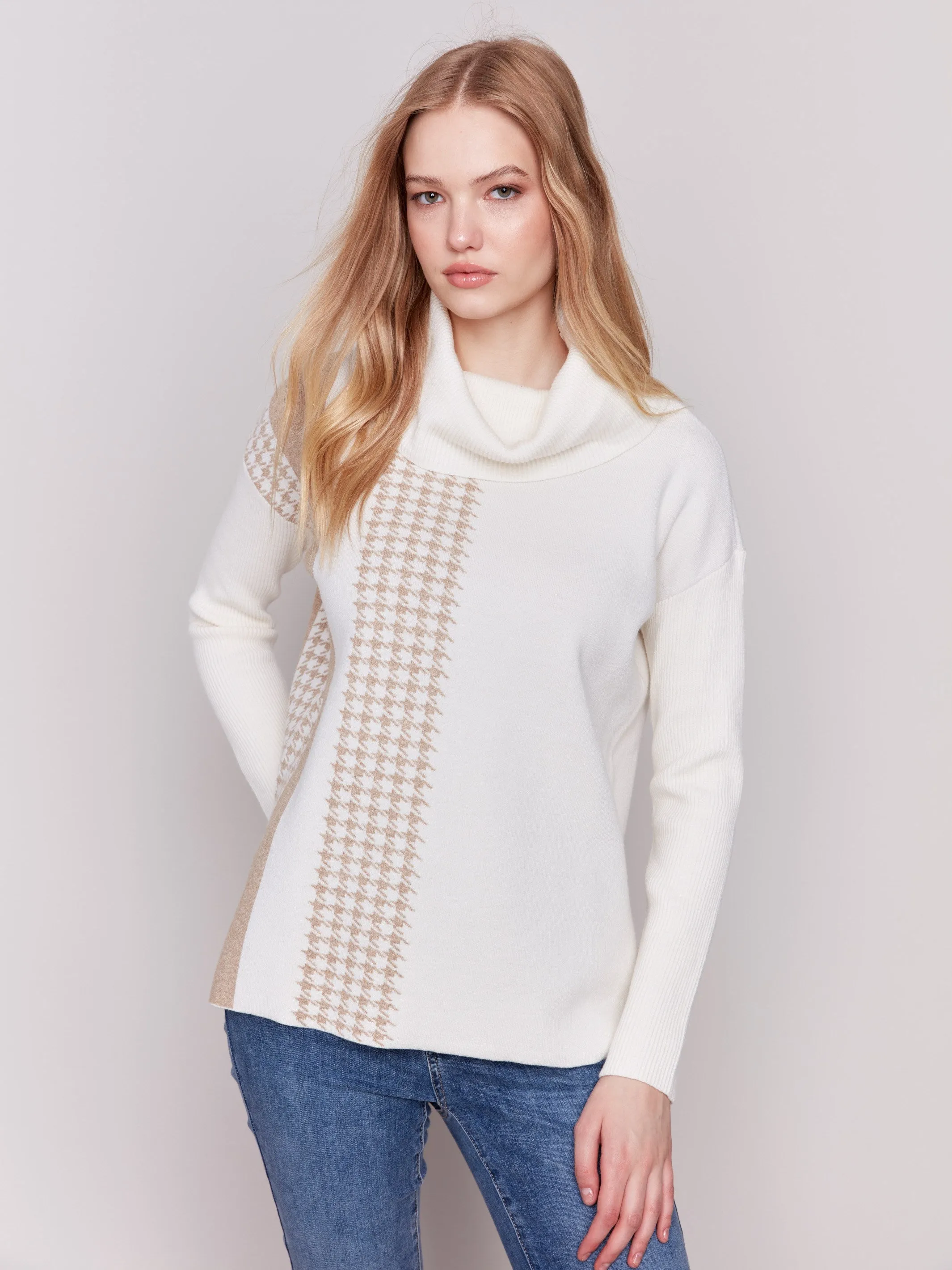 Houndstooth Stripe Cowl Neck Sweater - Ecru