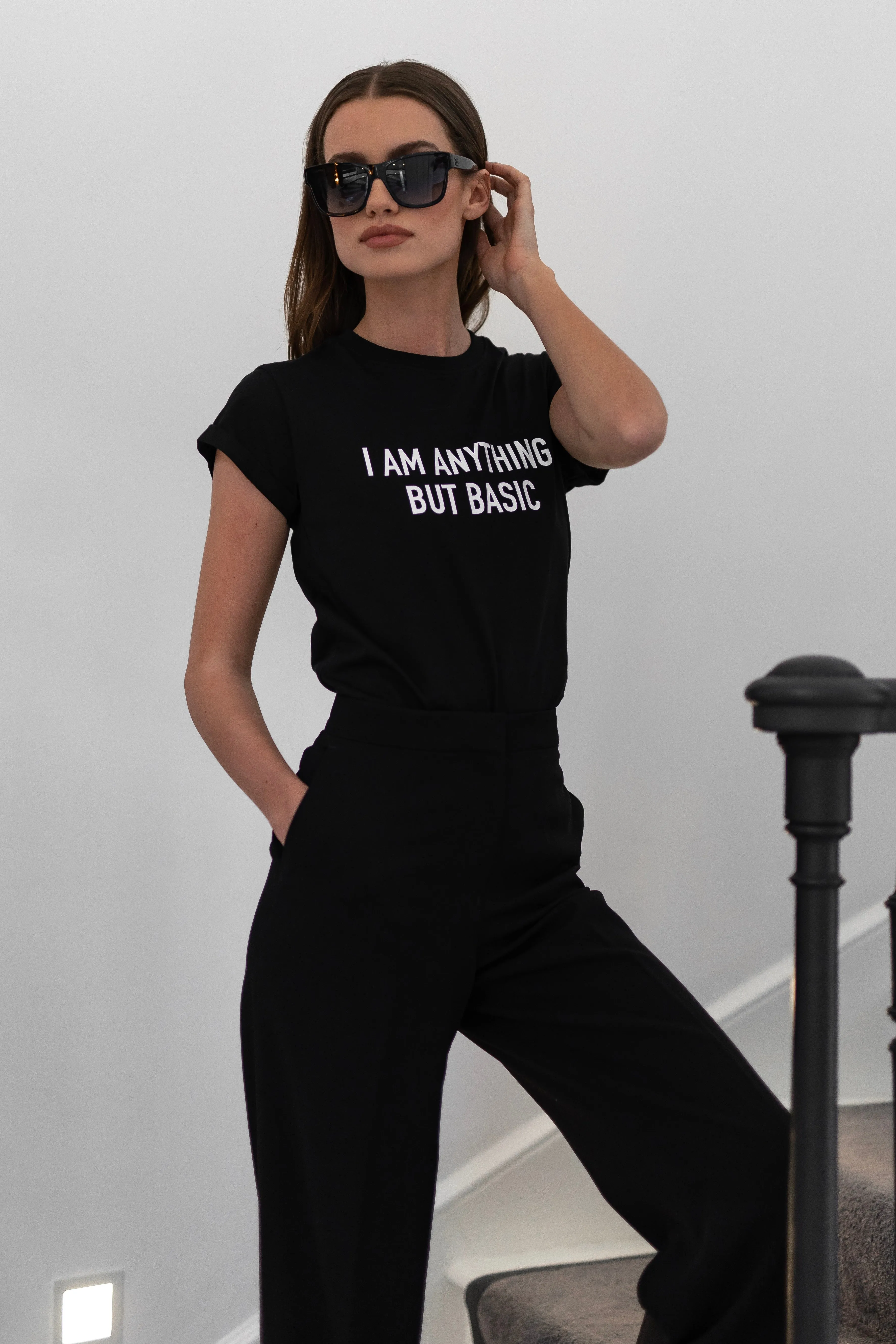 'I'M ANYTHING BUT BASIC' - CT099 BLACK SLOGAN T SHIRT