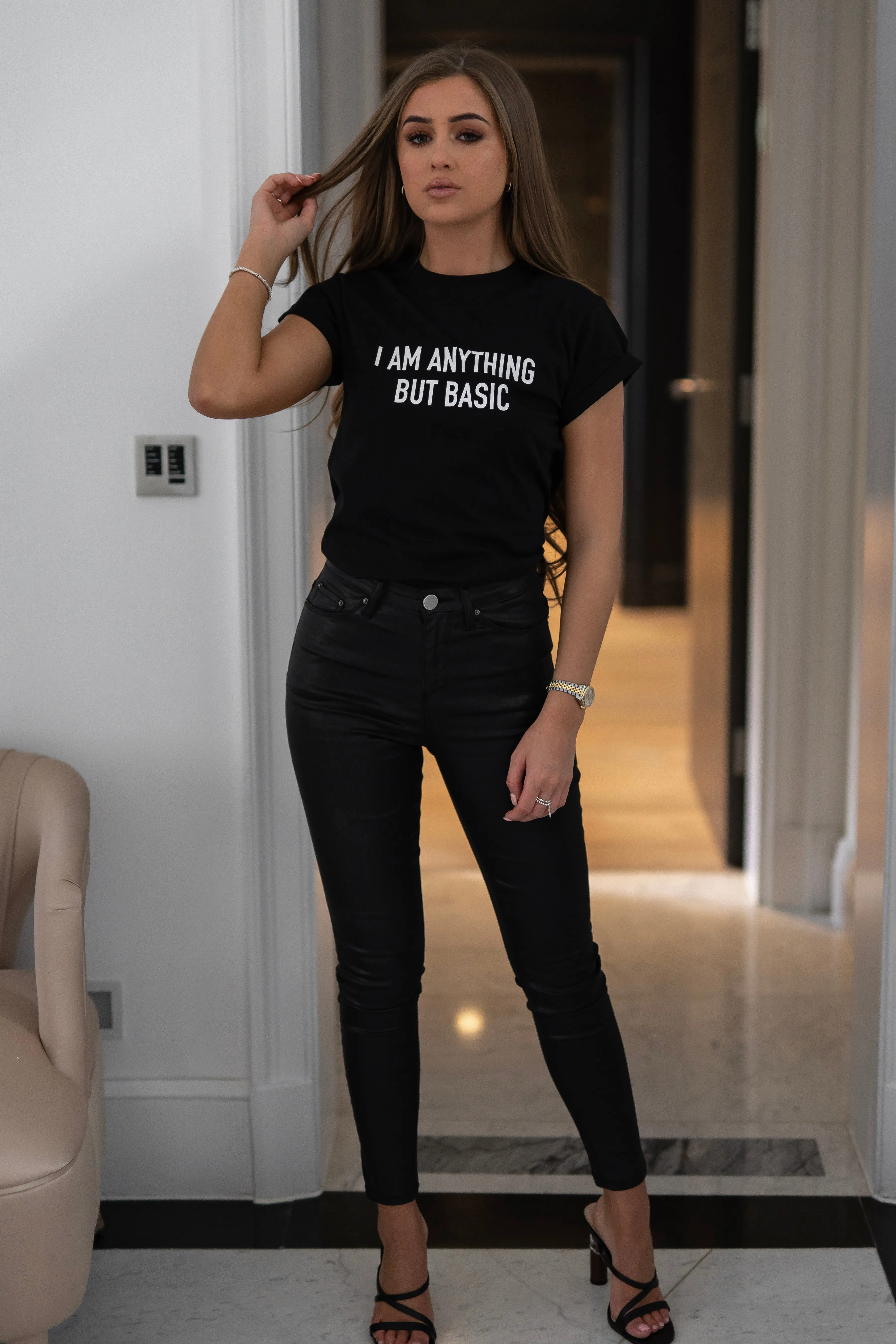 'I'M ANYTHING BUT BASIC' - CT099 BLACK SLOGAN T SHIRT